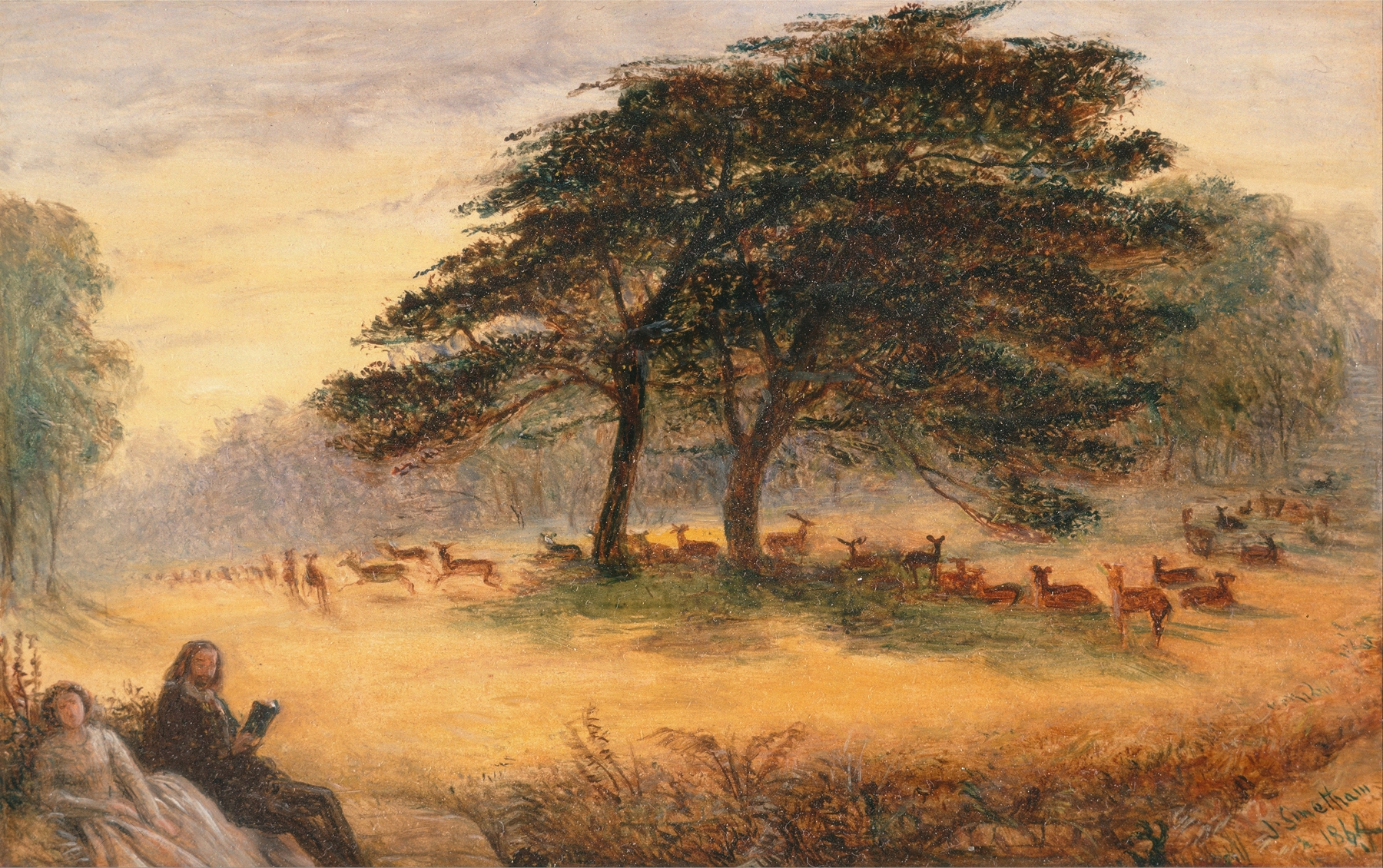 Couple seated under trees in Lovers in Richmond Park, oil on canvas by James Smetham