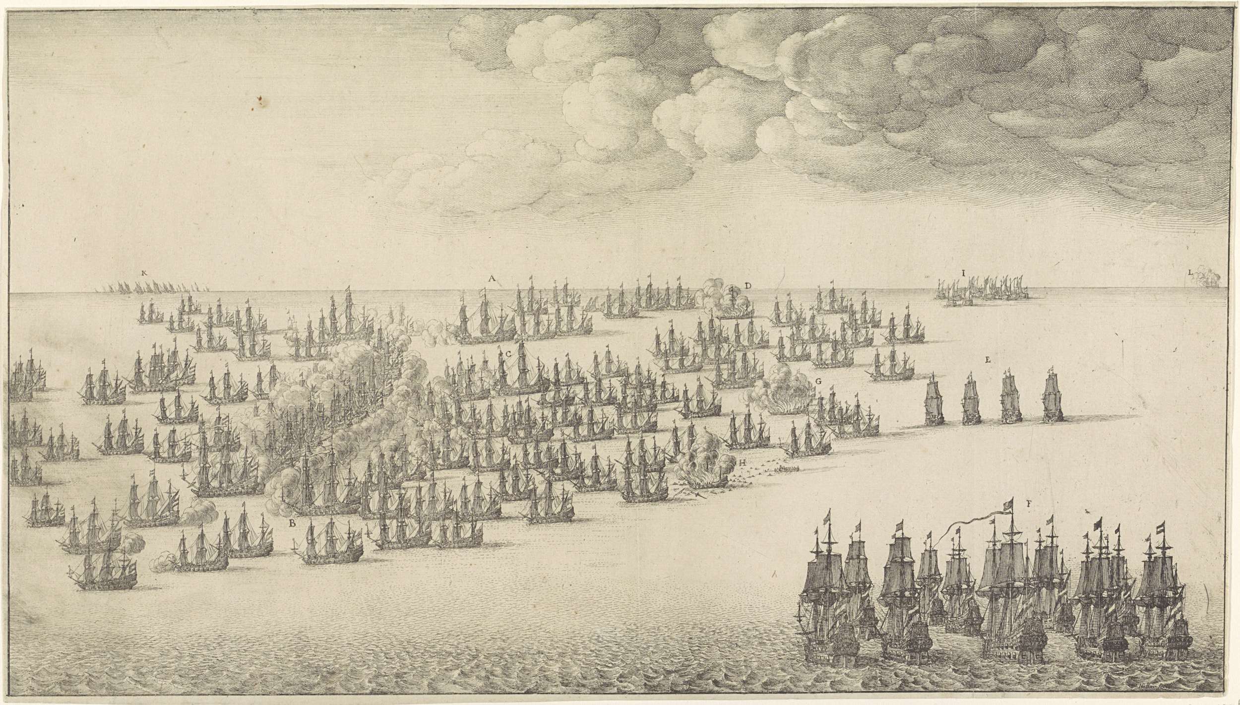 Etching by Wenceslaus Hollar depicting a naval battle with ships and turbulent seas