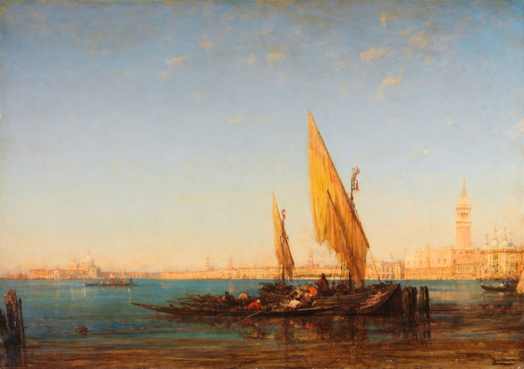 Oil on canvas by Félix Ziem depicting boats gliding on a turquoise canal