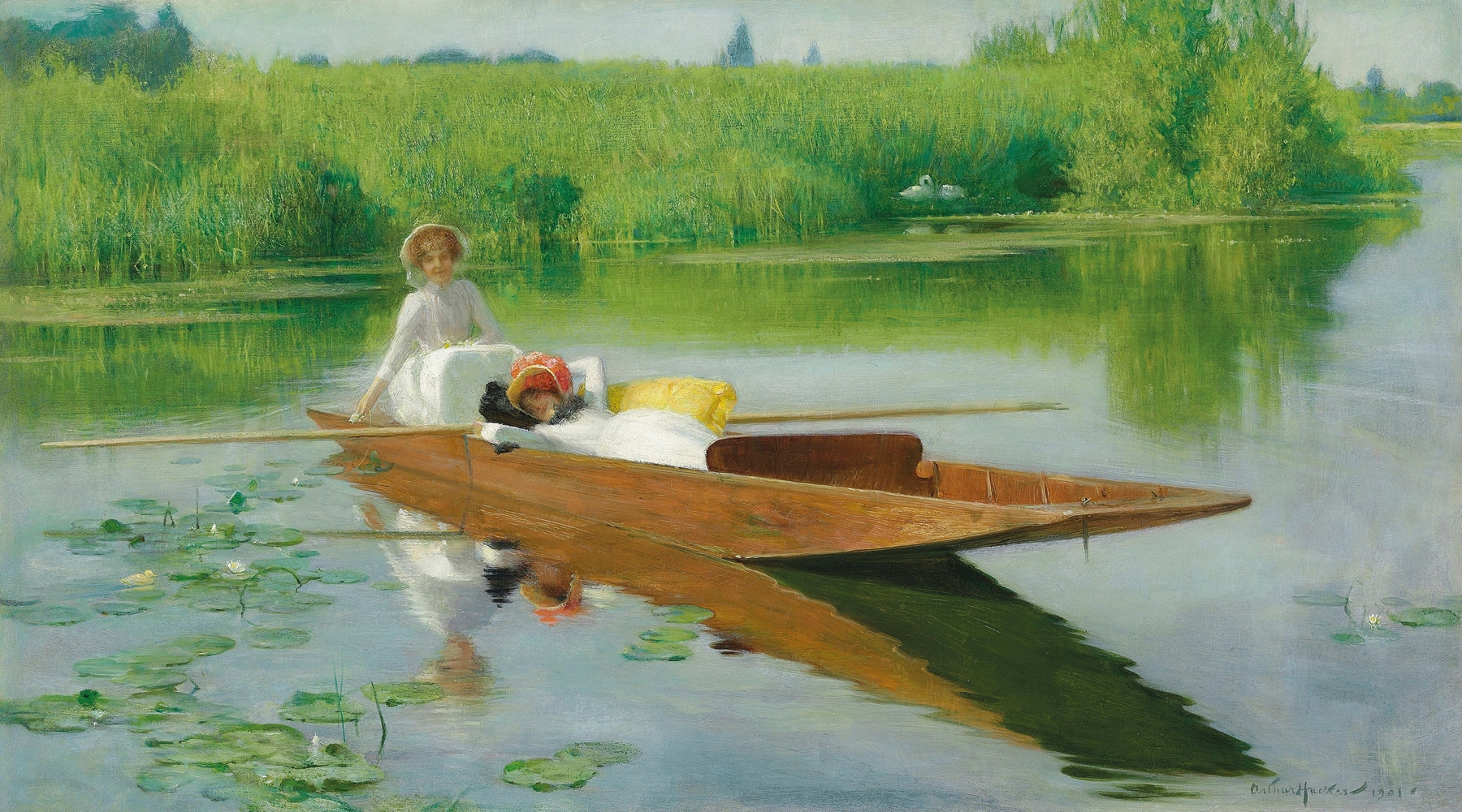 Punting on the Thames, oil painting by Arthur Hacker, depicting figures in a boat at twilight.