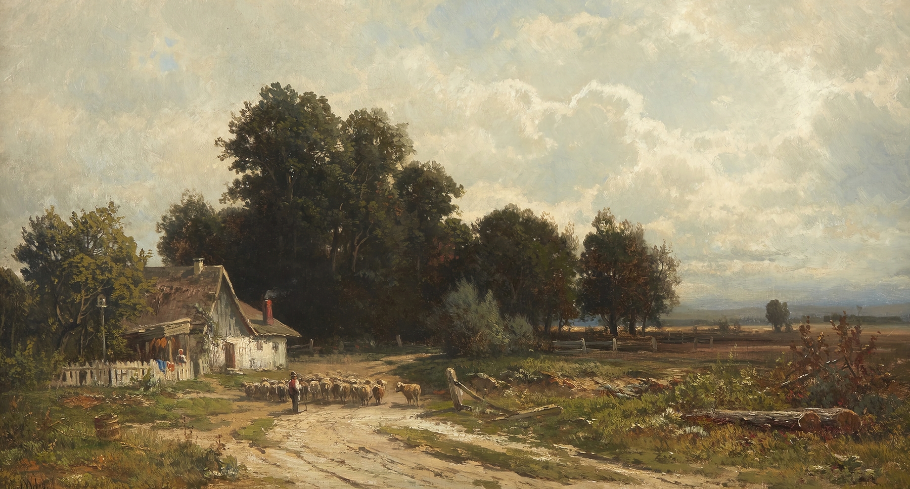 Landscape depicting a farmhouse surrounded by greenery, oil painting by Carl Philipp Weber