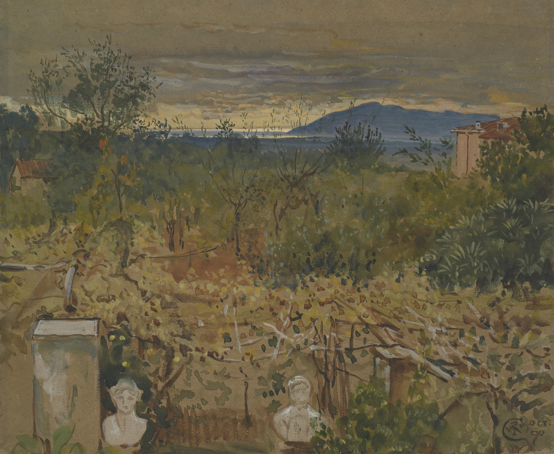 Garden with ruins by Walter Crane, Victorian landscape with flowers and a forgotten structure.