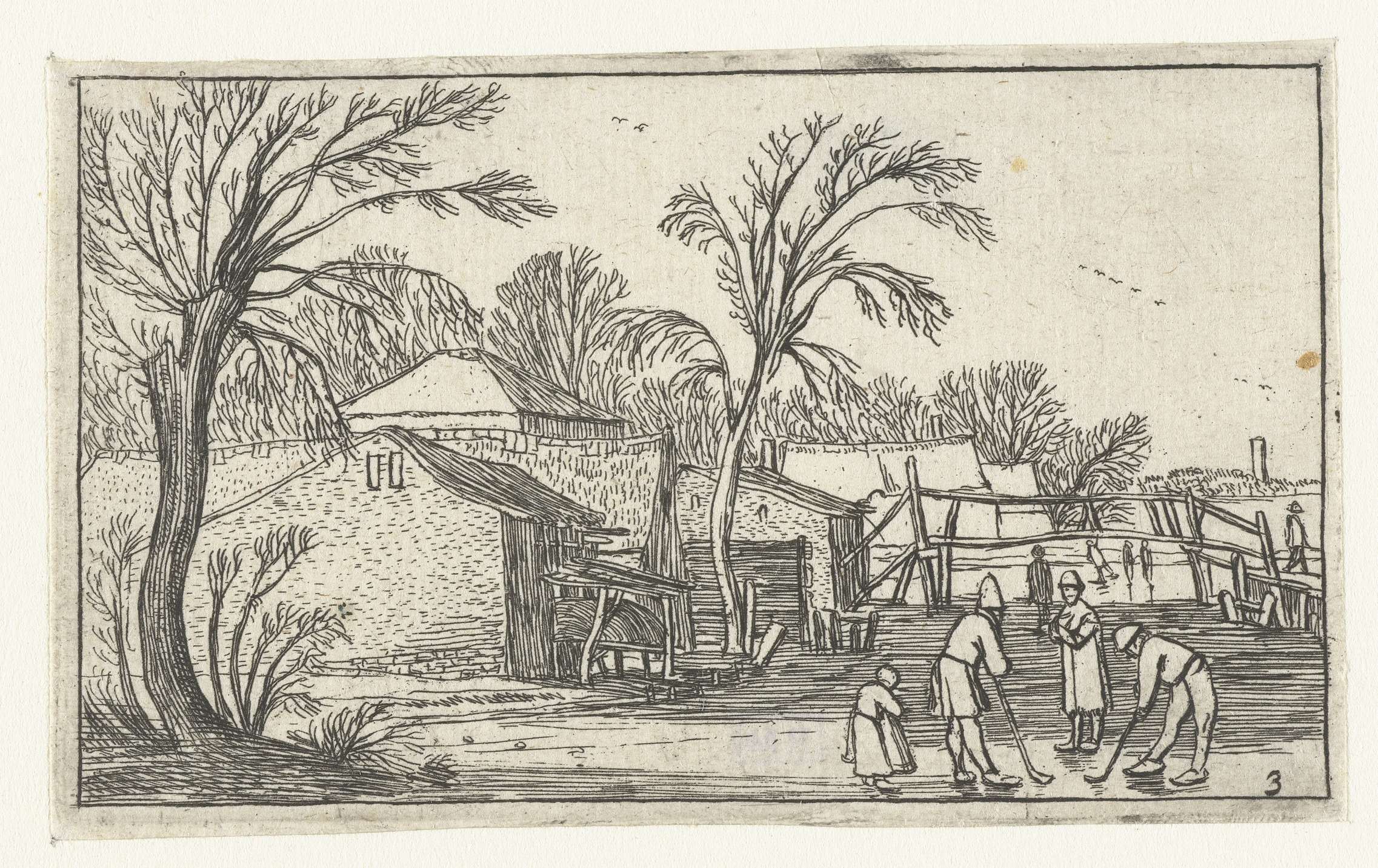 Schaatsers en kolfspelers op het ijs voor boerderijen, etching by Unknown Artist, depicting skaters on ice near farms.