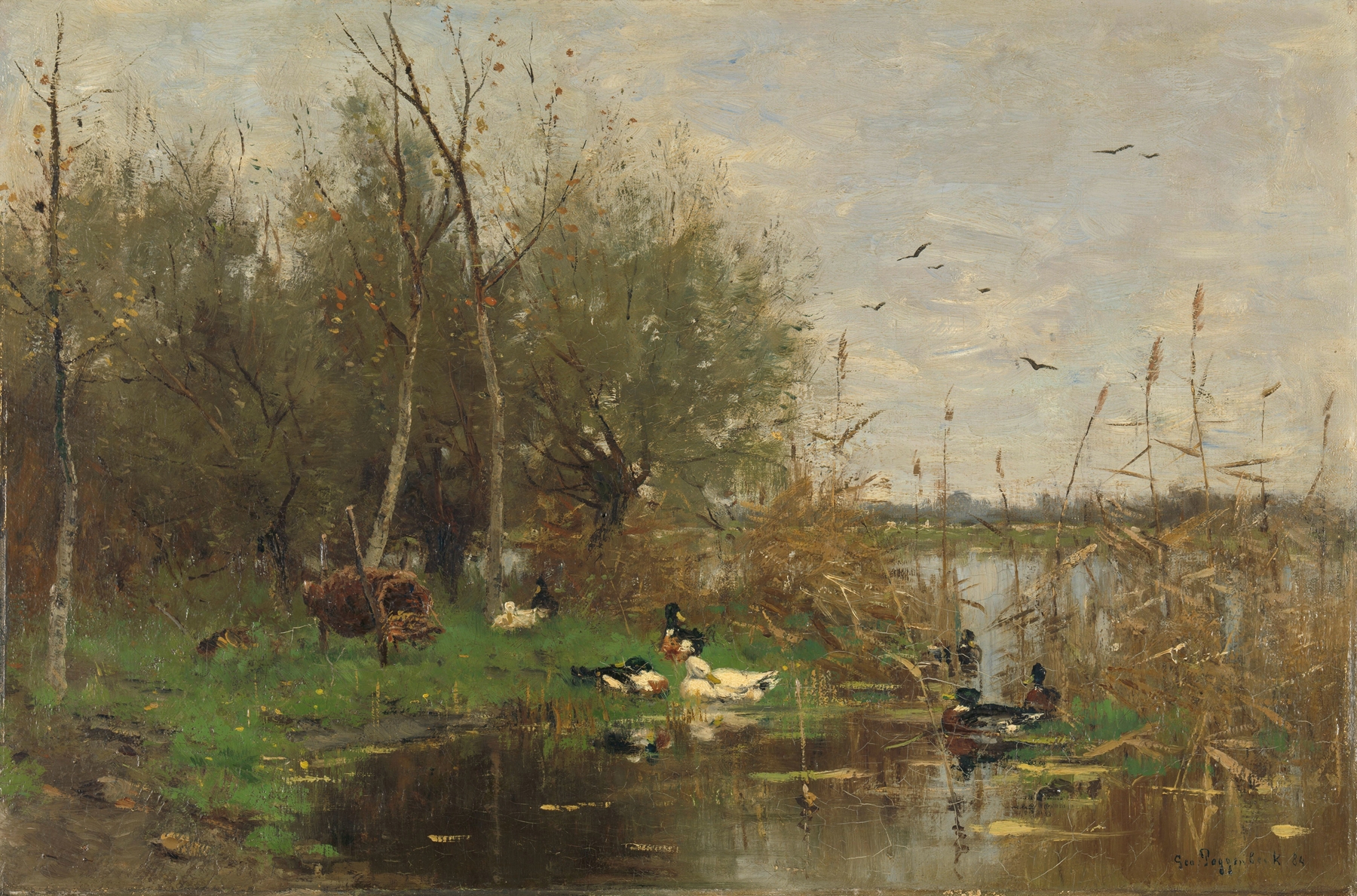 Ducks beside a duck shelter on a ditch, oil painting by Geo Poggenbeek
