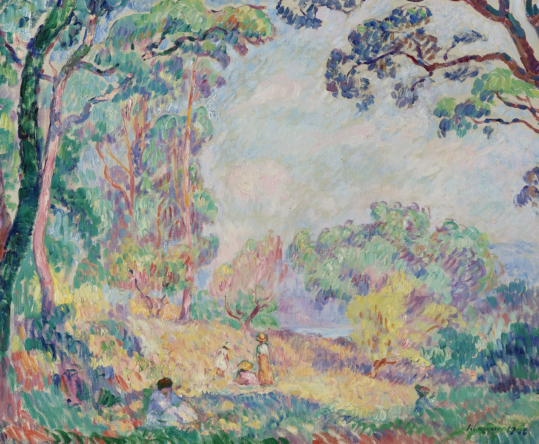 Oil painting by Henri Lebasque depicting women and girls in a lush landscape.