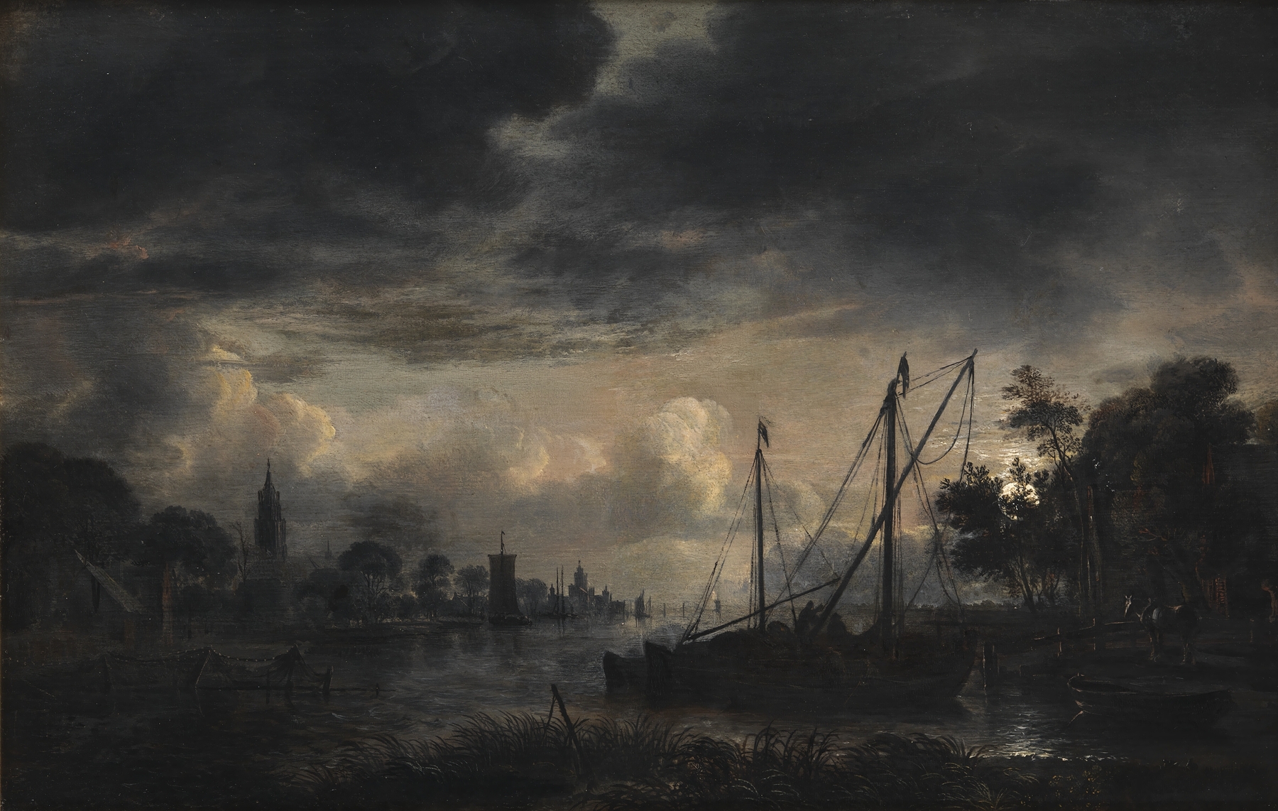 River Landscape in Moonlight, by Aert van der Neer, public domain