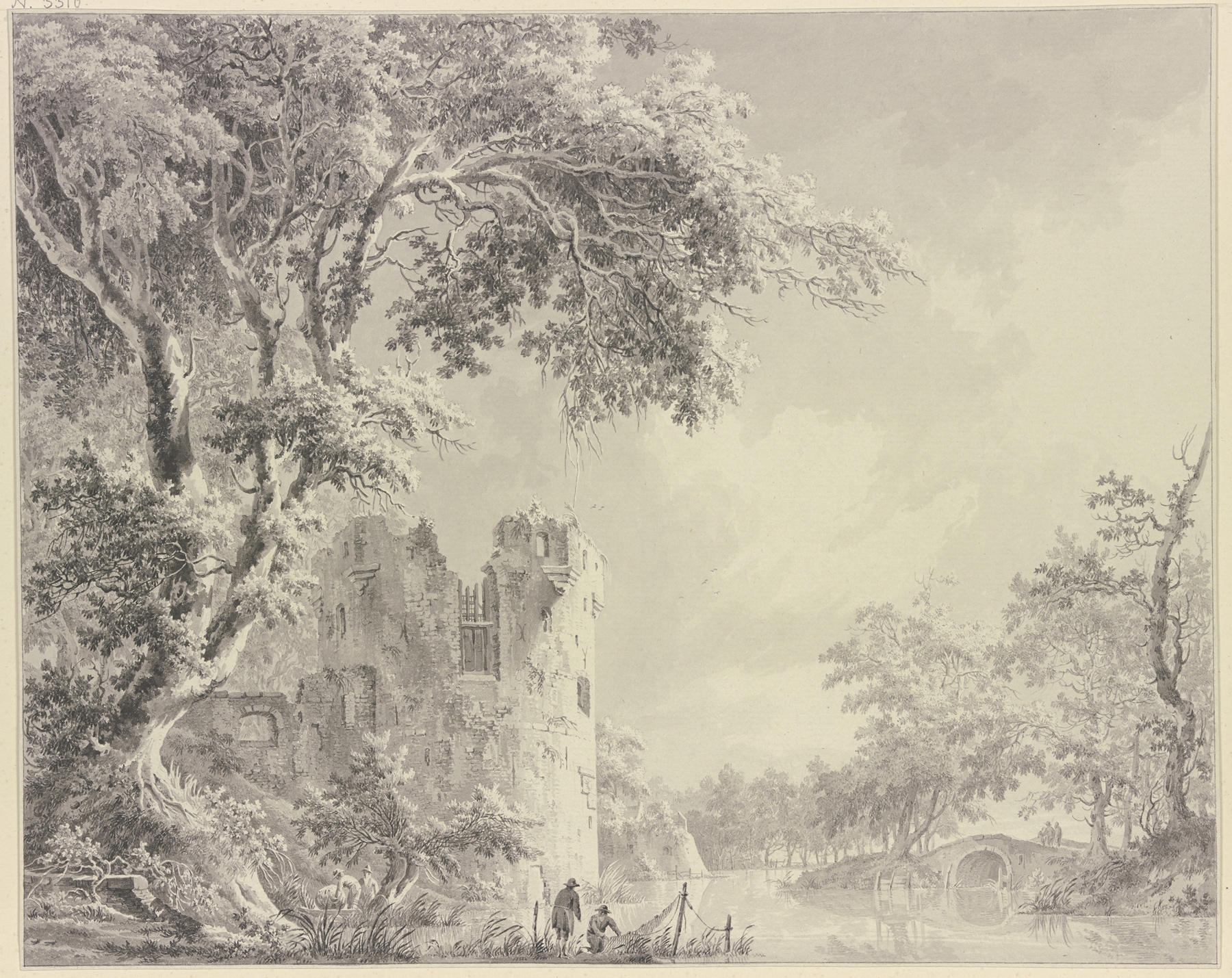 Landscape with a tower ruin, bridge, and fishermen by Paulus van Liender, oil painting