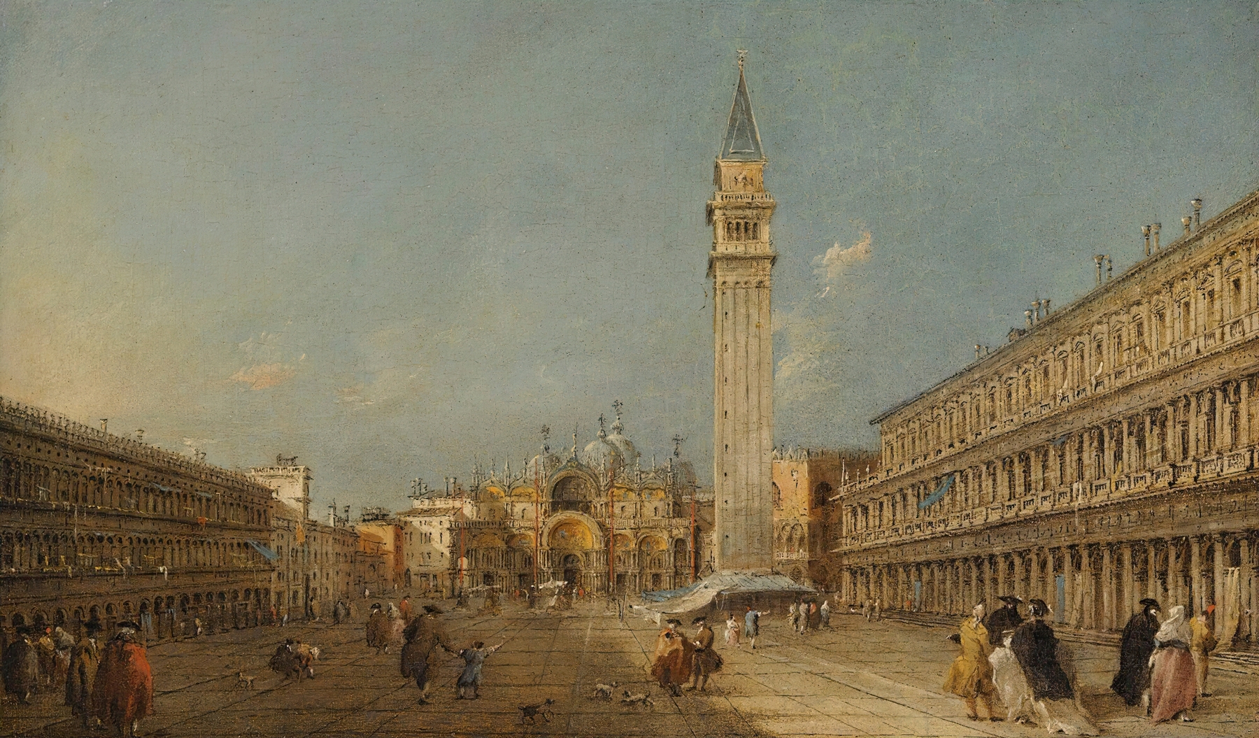 Rococo oil painting by Francesco Guardi depicting Venice, Piazza San Marco with the Basilica and Campanile.