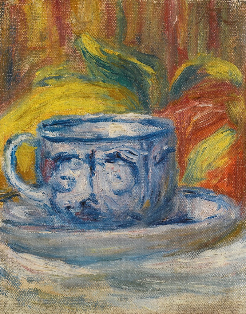 A still life painting featuring a cup and fruits.