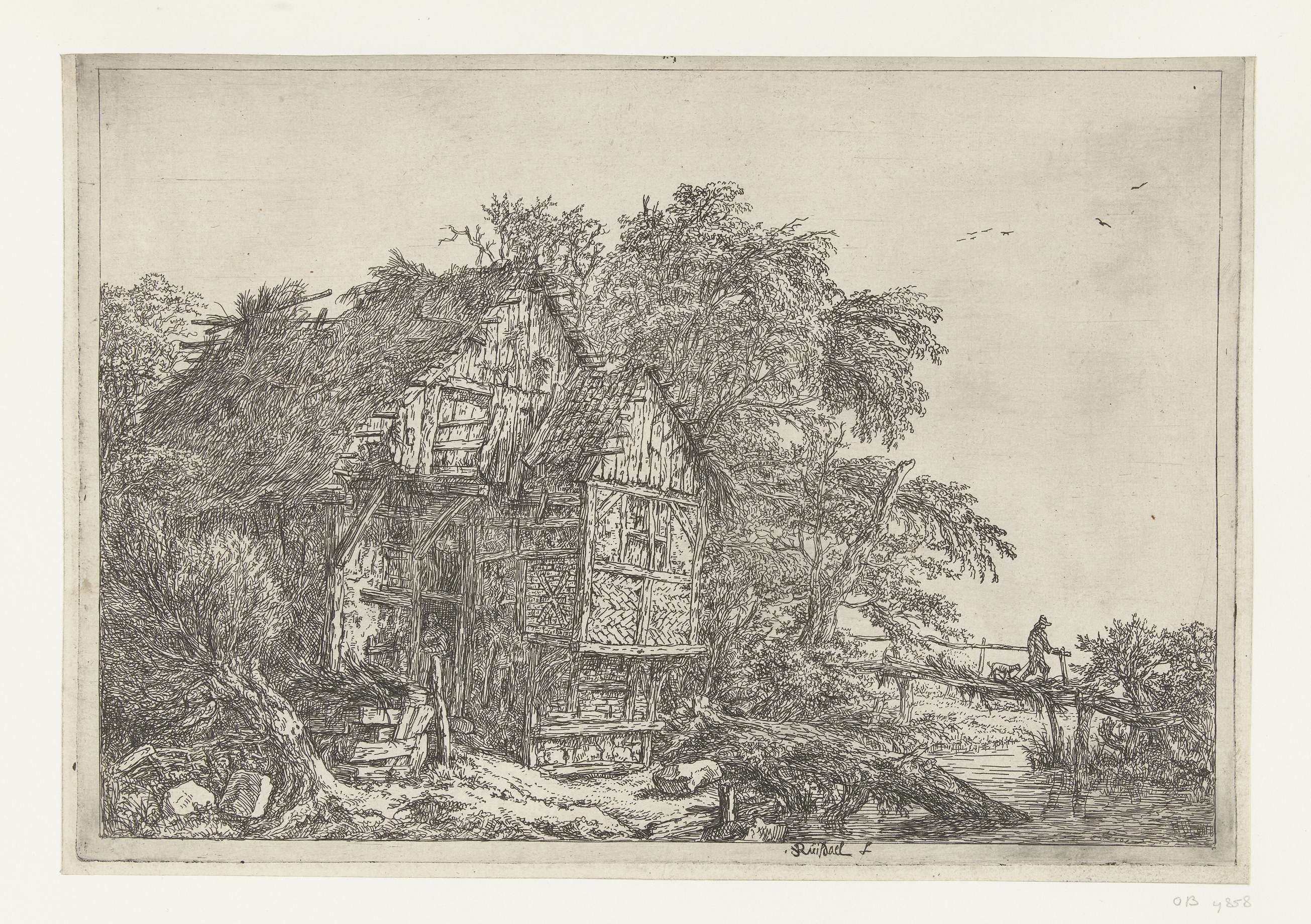 De kleine brug etching by Jacob Isaacksz van Ruisdael showing a bridge over a stream