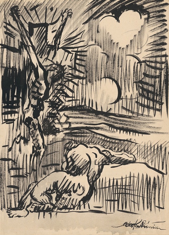 A painting depicting a figure lying before a crucifix.