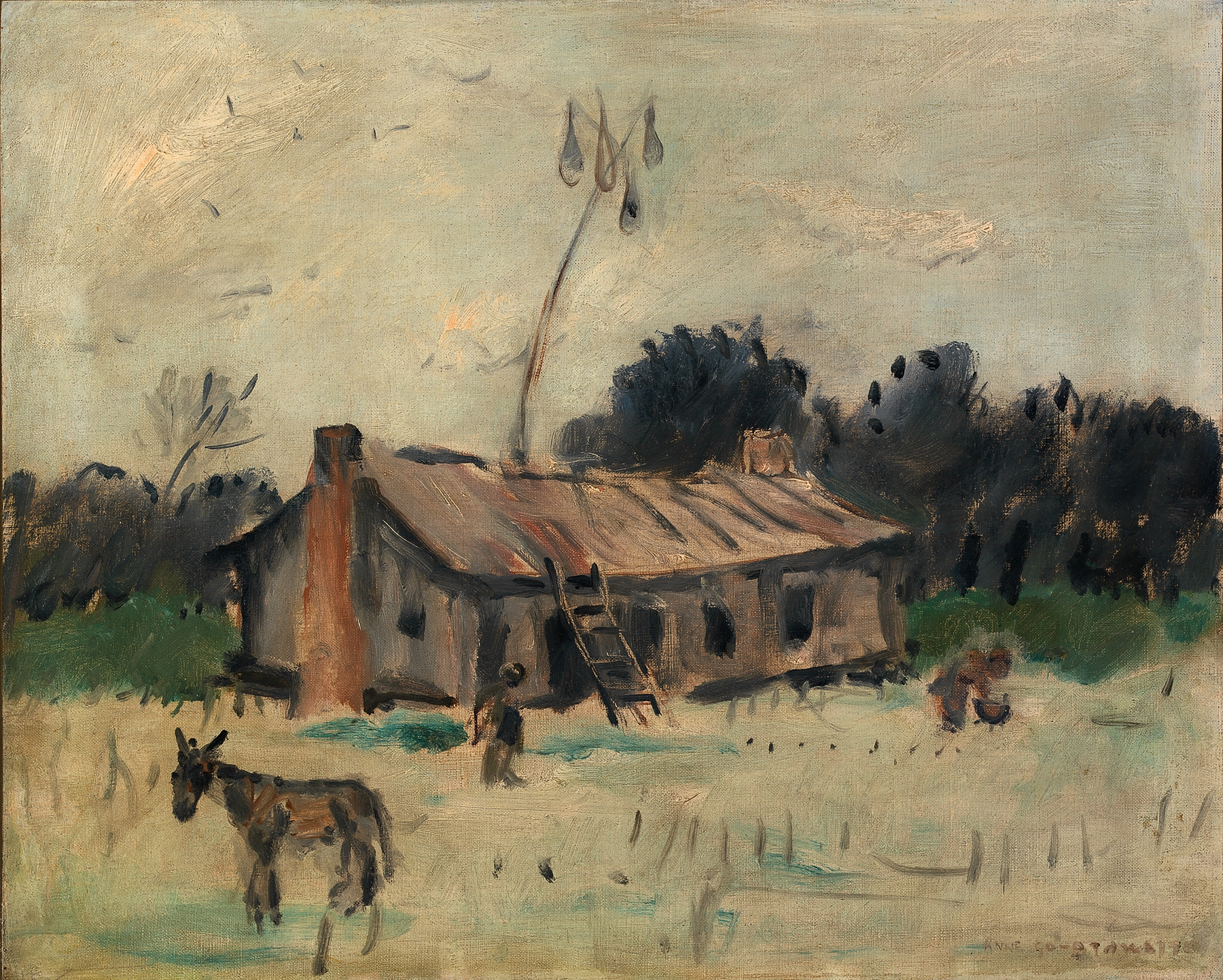 Cabin in Alabama by Anne Goldthwaite, oil painting of a tranquil landscape with soft light.