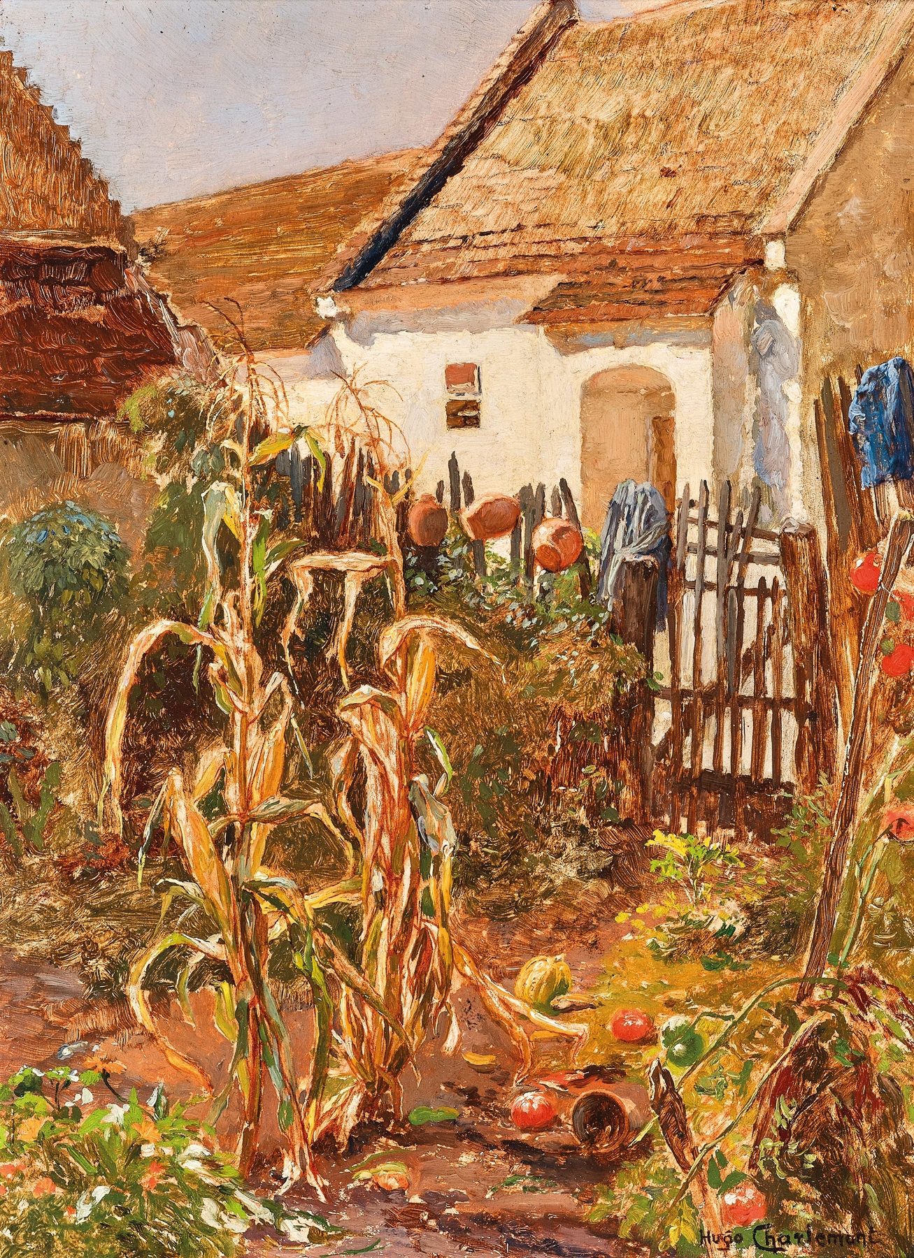 A rustic garden scene with a figure tending flowers, by Hugo Charlemont, medium unknown.