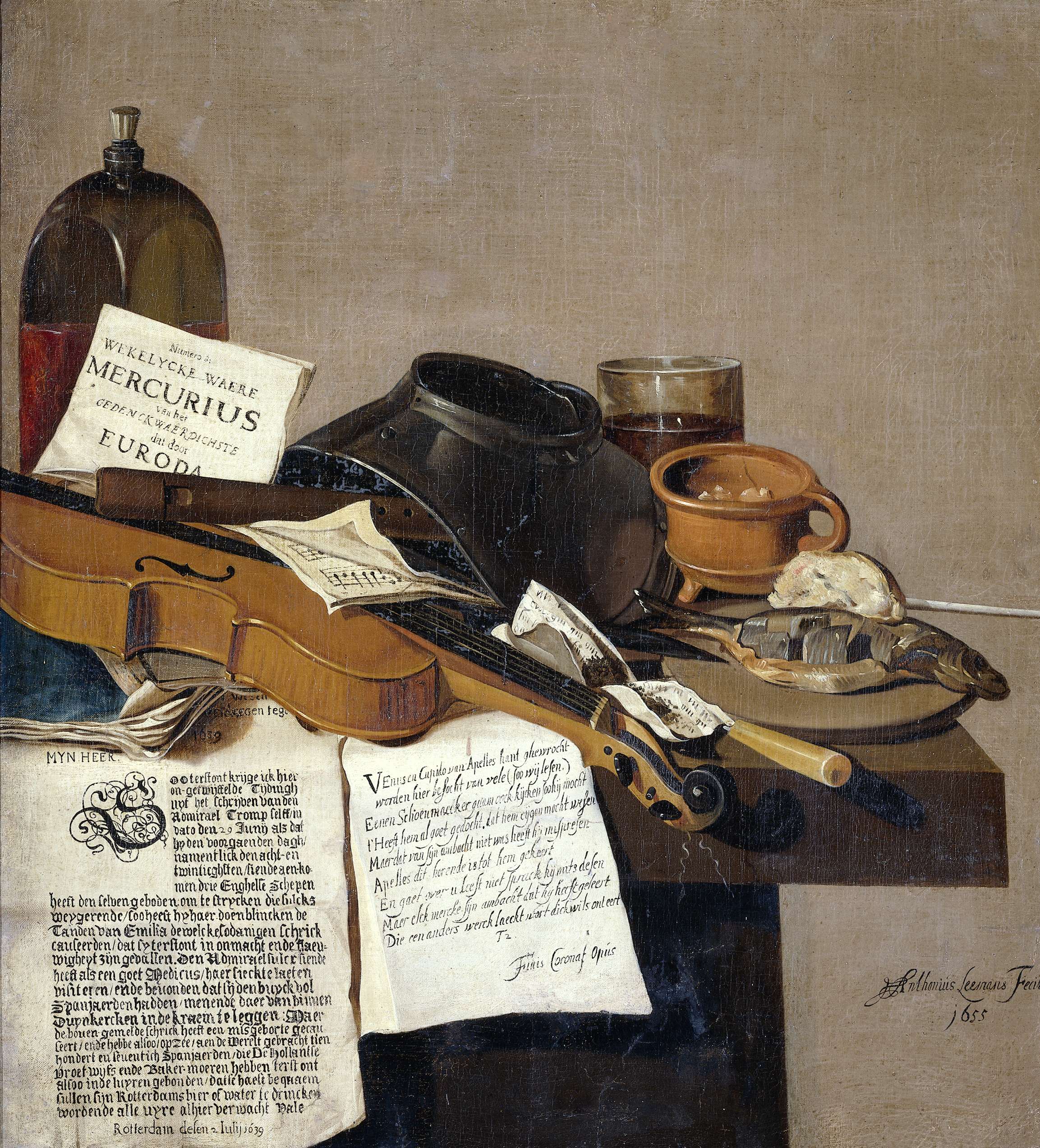 Still life oil painting by Anthonius Leemans featuring a broadsheet and objects on a table.
