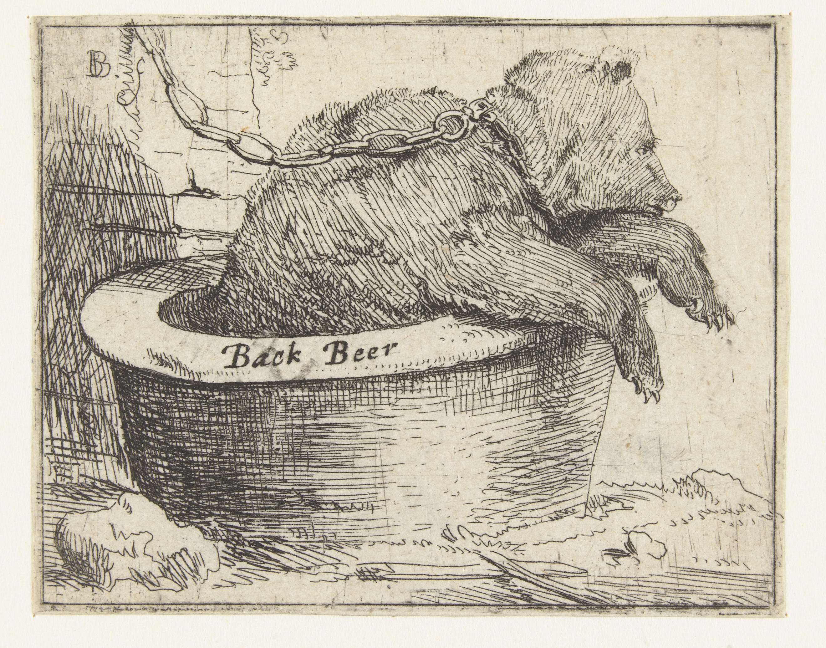 Etching by Bartholomeus Breenbergh depicting a bear in a trough.