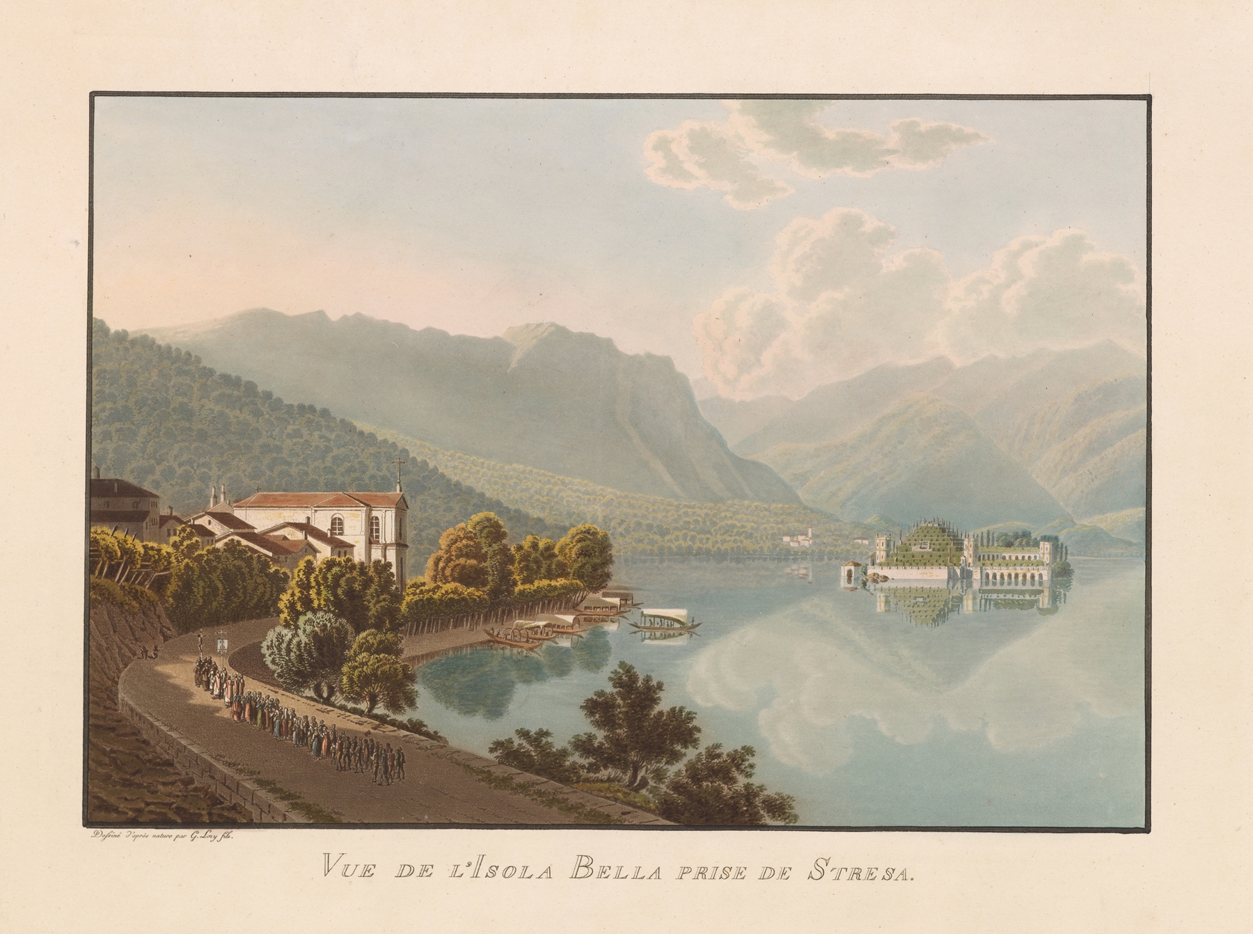 Vue de l’Isola Bella prise de Stresa, oil on canvas by Gabriel Lory the Younger, depicting a serene landscape.