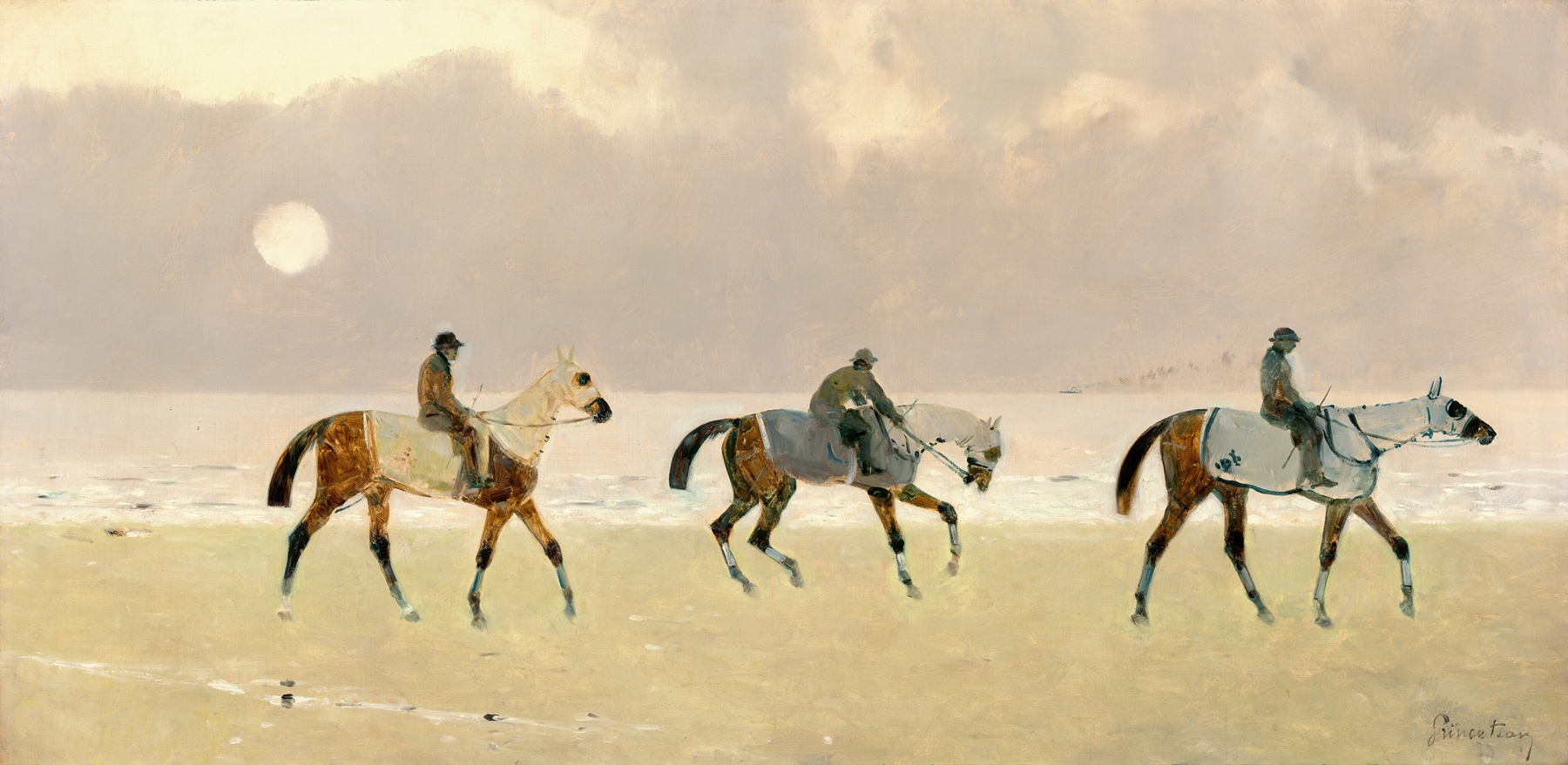 Riders on the Beach at Dieppe, oil painting by René Princeteau, featuring galloping horses on a sunny beach.
