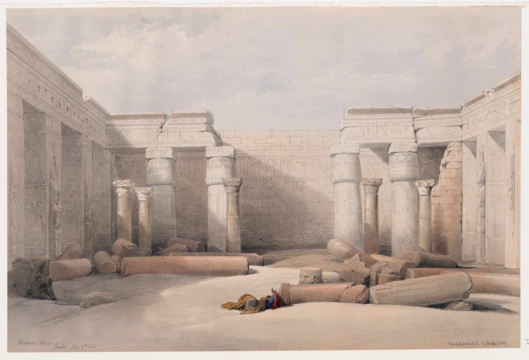 Lithograph by David Roberts depicting Medinet Abou with sunlight illuminating hieroglyphs.