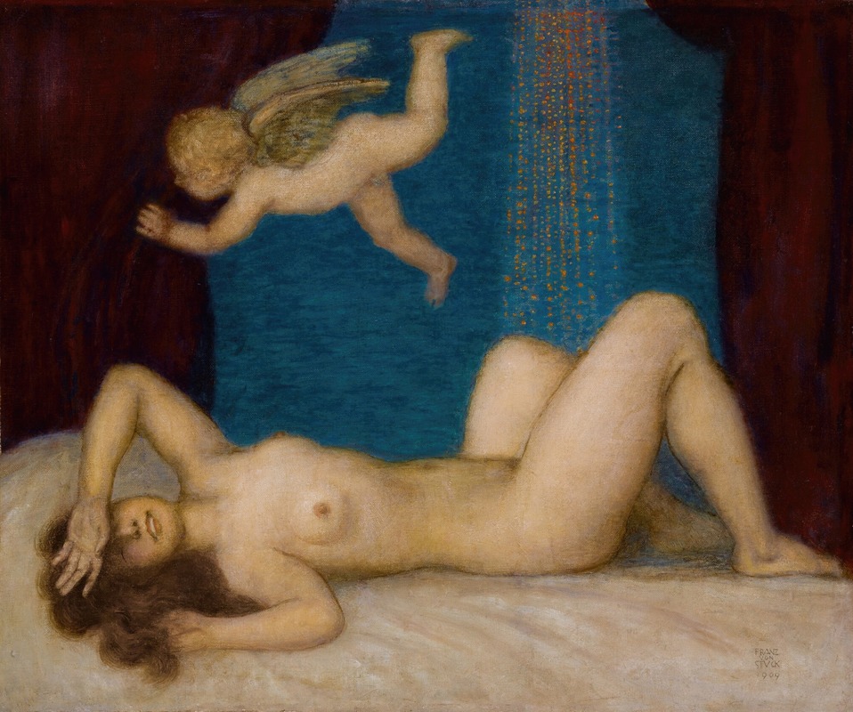 Franz von Stuck's 'Danae and the Golden Shower' depicts a mythological scene with rich colors and intricate details.