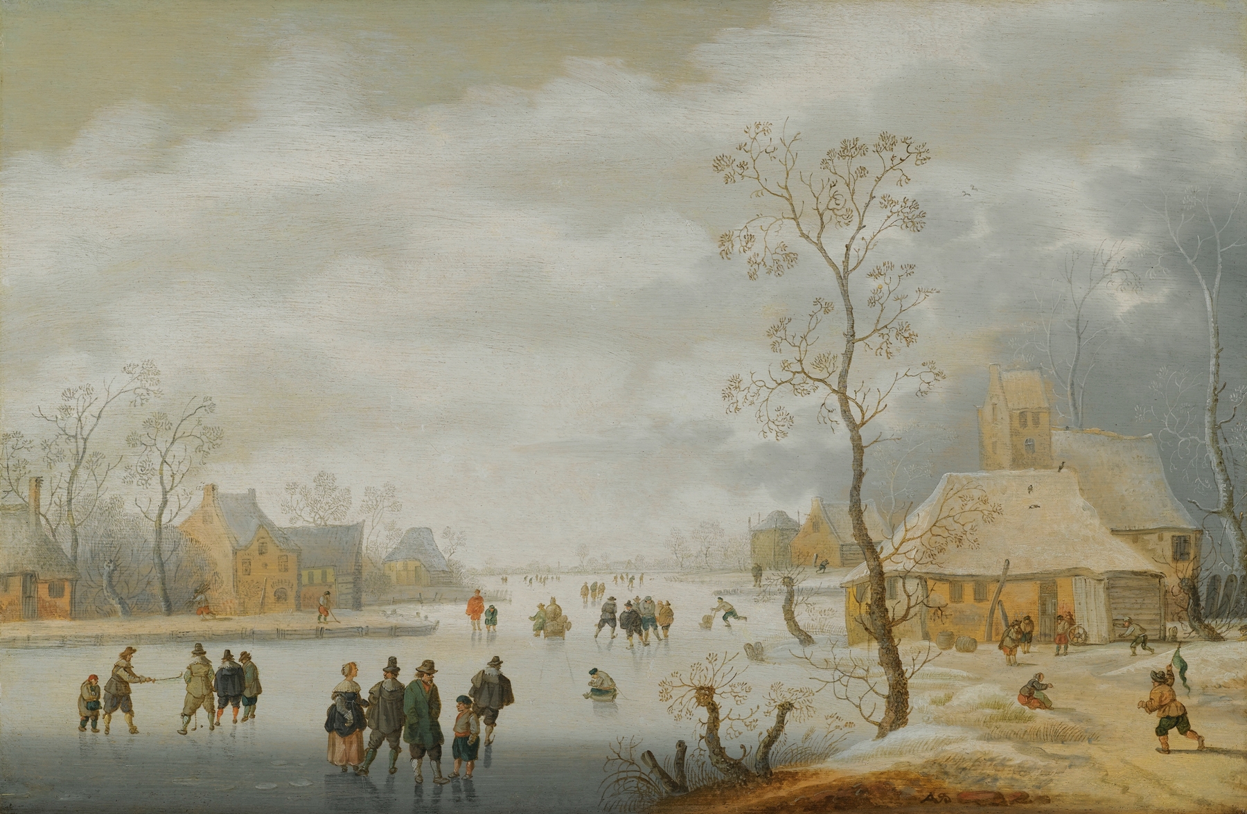 A winter landscape with figures skating on a frozen river, oil on canvas by Anthonie Verstraelen.