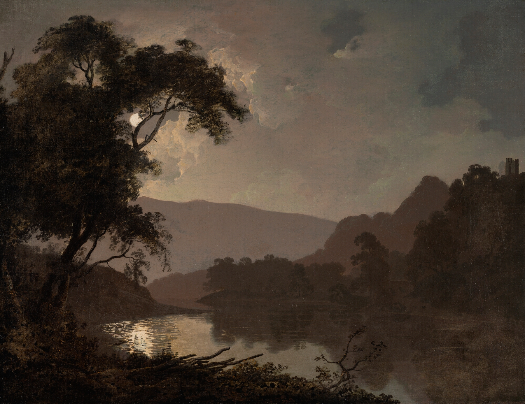 A moonlit landscape, by Joseph Wright of Derby, public domain