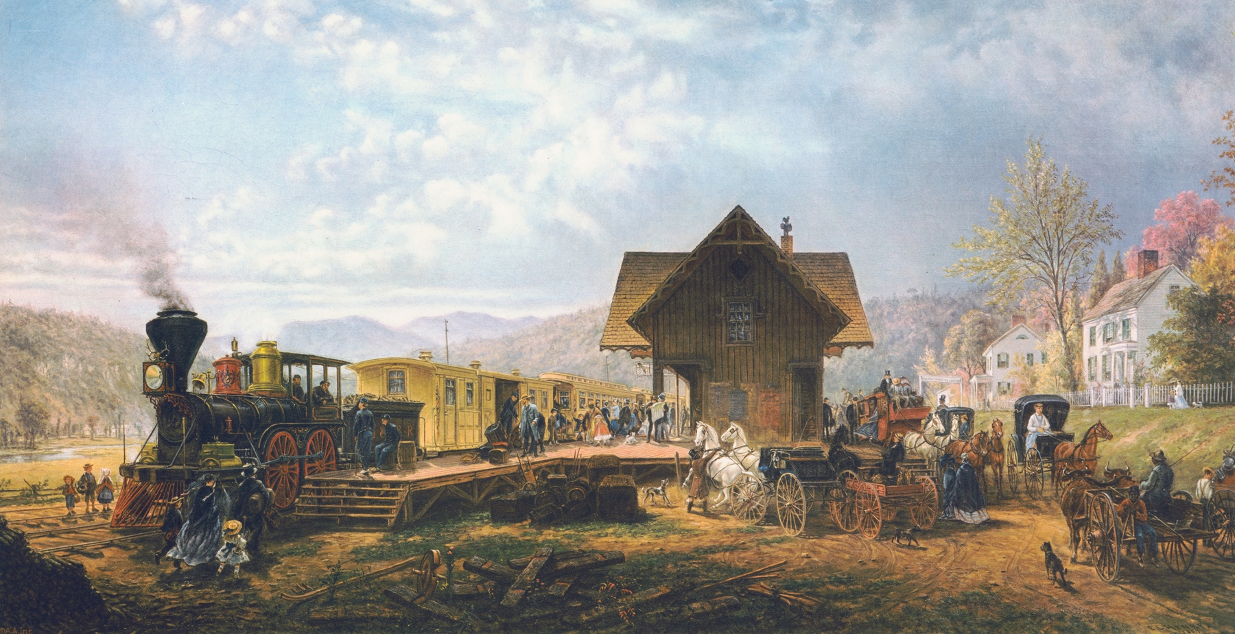 Genre scene depicting travelers at a train station, oil on canvas by Edward Lamson Henry