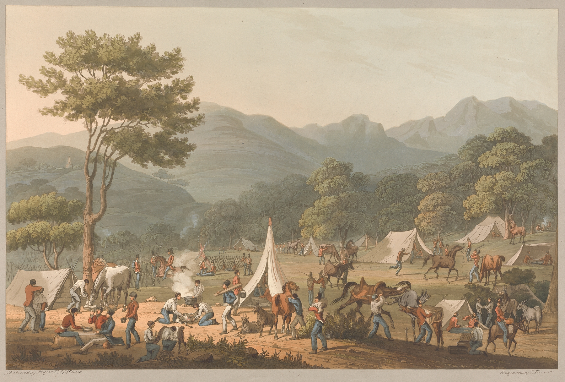Historical scene of soldiers near a village, oil painting by Charles Turner