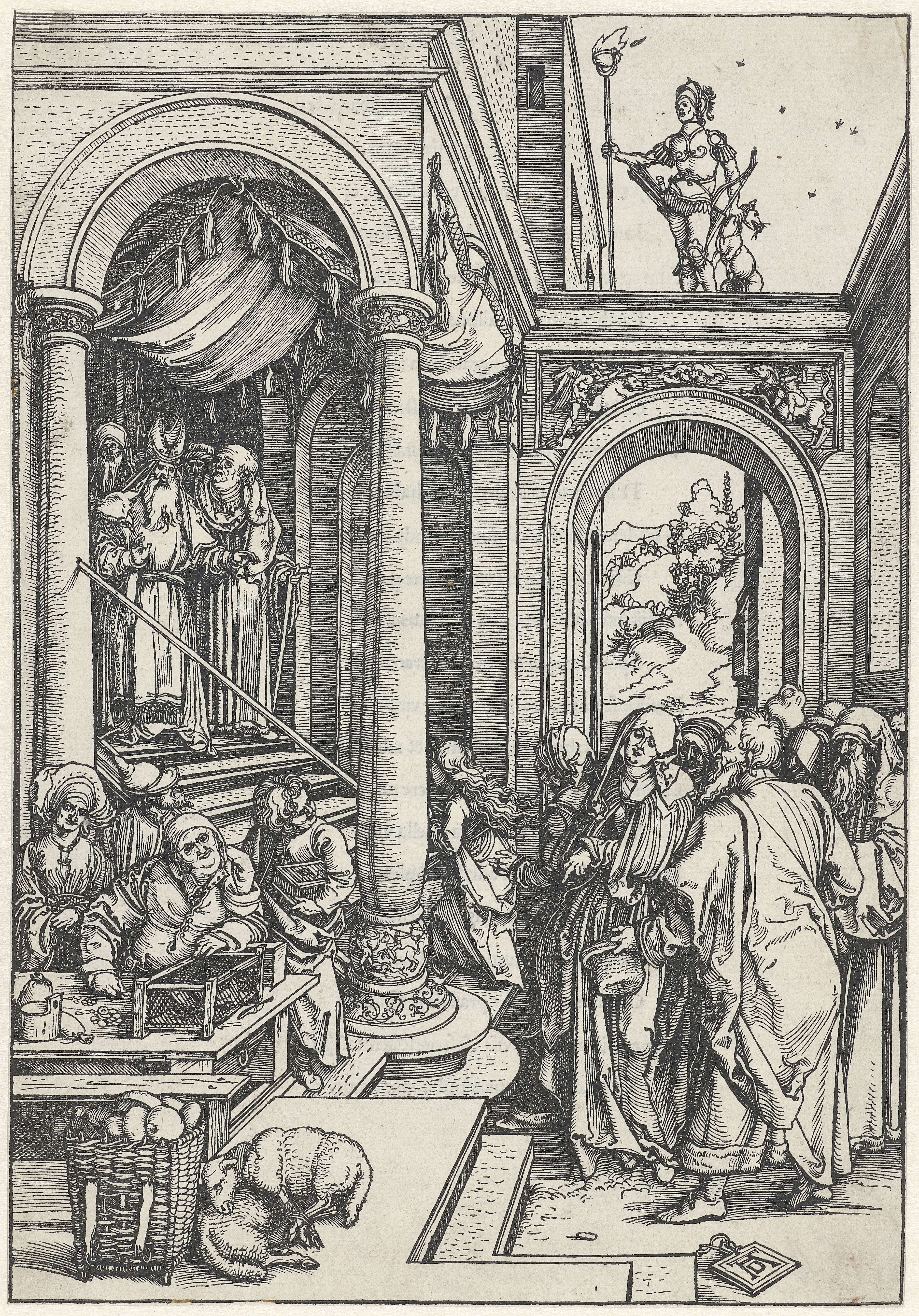 Religious scene depicting young Mary before the altar, engraving by Albrecht Dürer