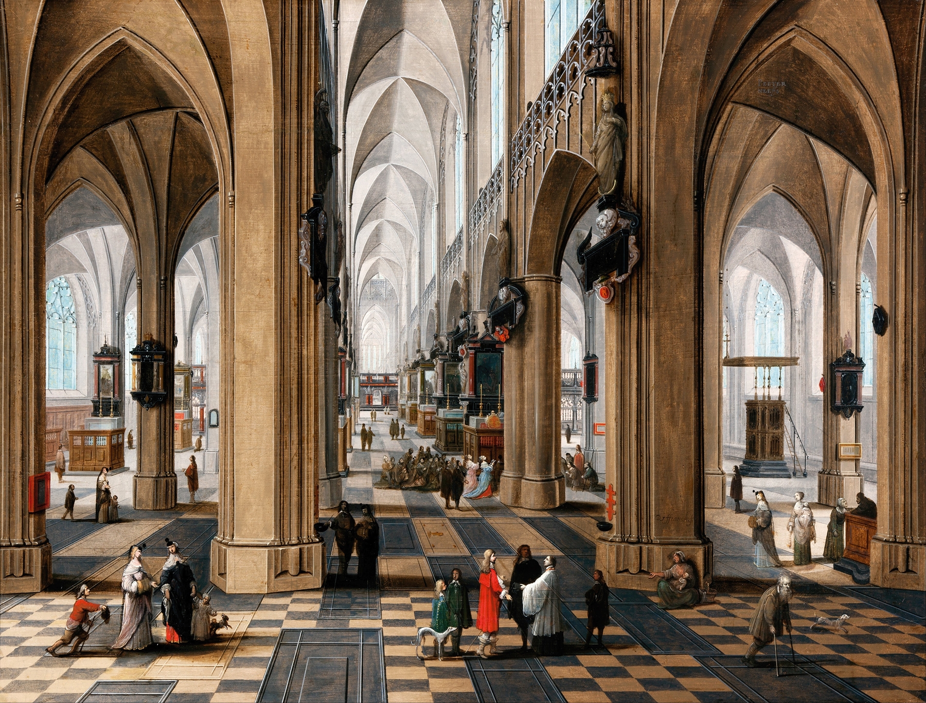 Interior scene with figures attending mass, oil on panel by Pieter Neeffs the Elder
