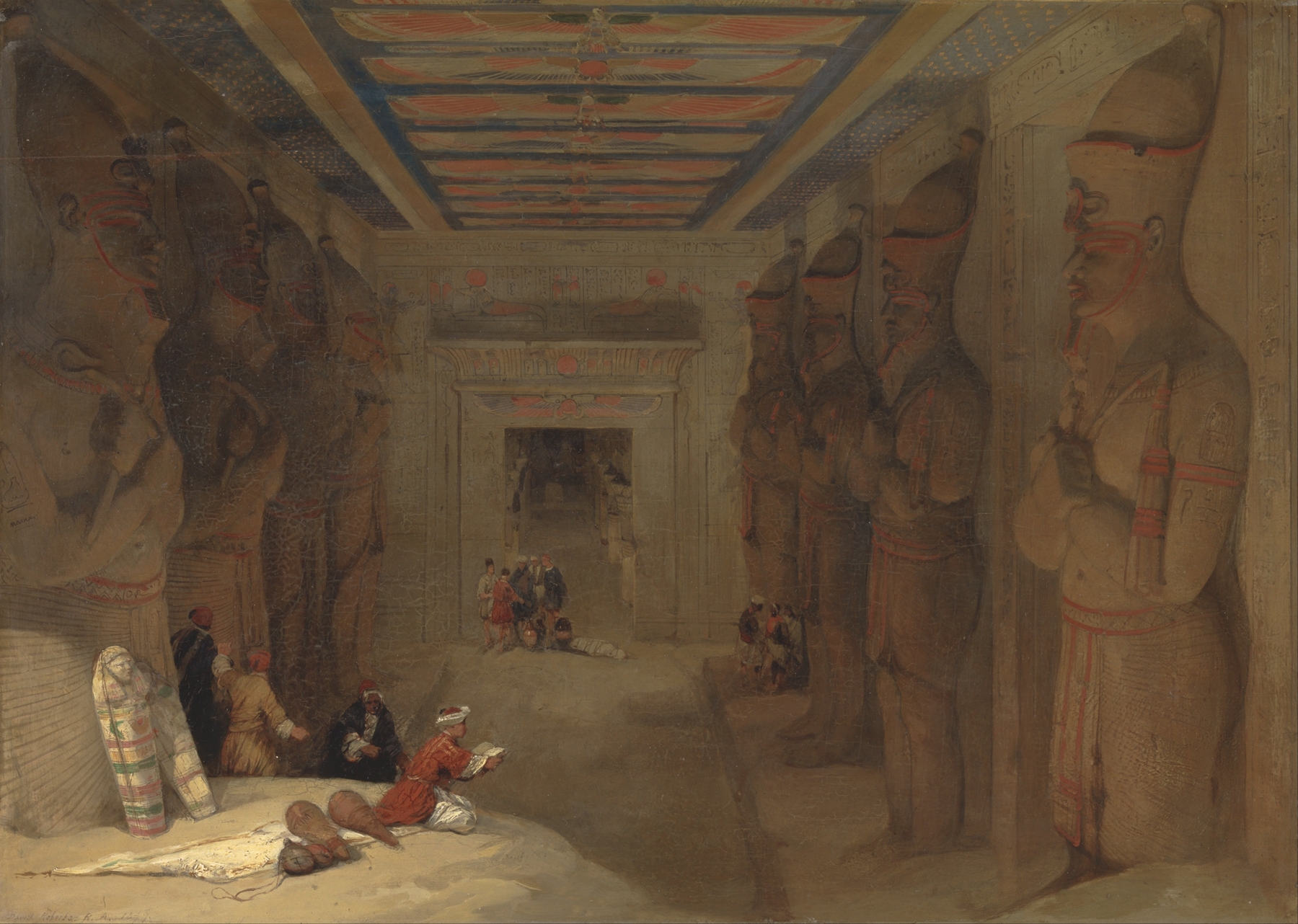 Engraving by David Roberts depicting the Hypostyle Hall of the Great Temple at Abu Simbel, Egypt.