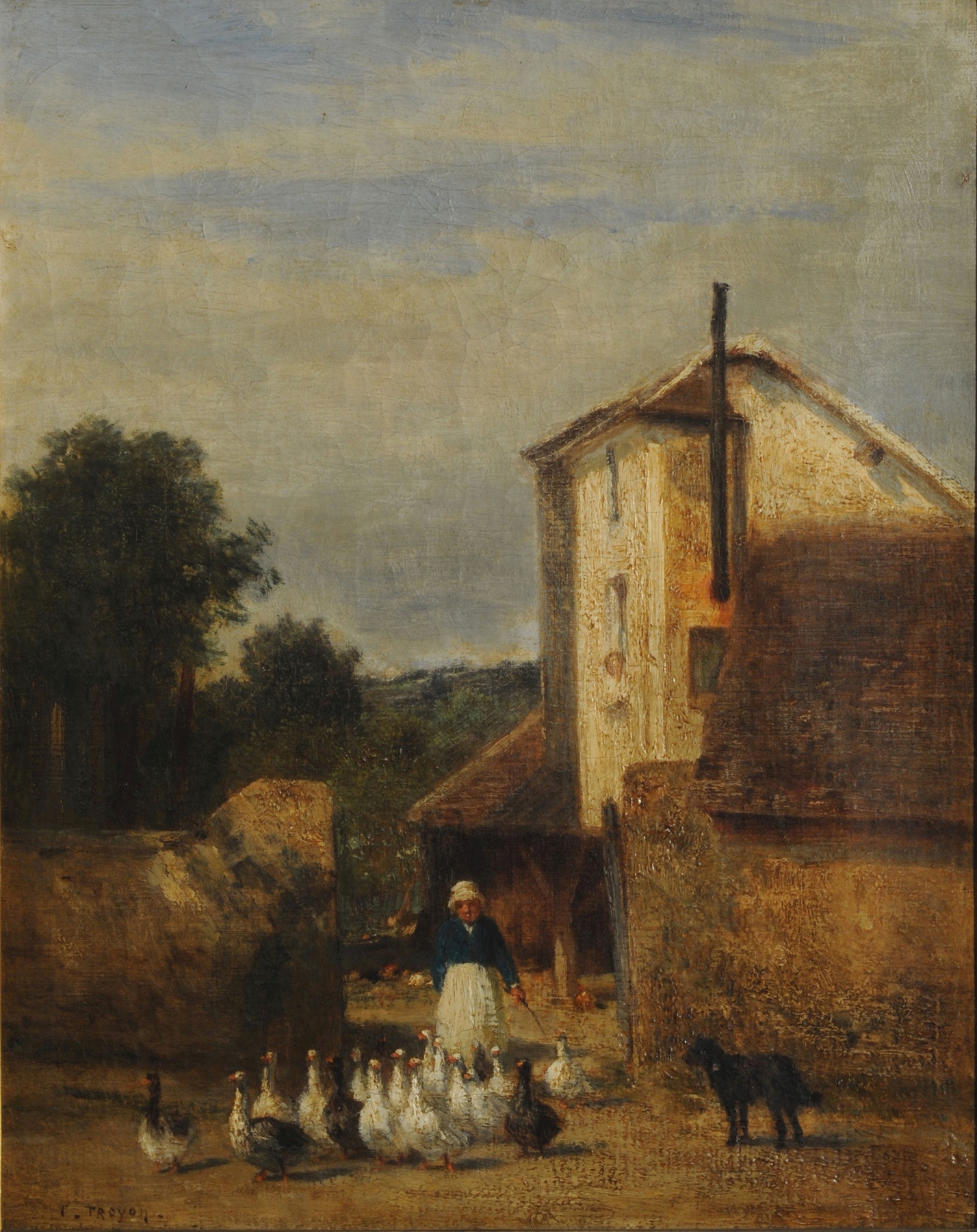 La gardeuse d’oies by Constant Troyon, oil painting of a girl with geese in soft light.