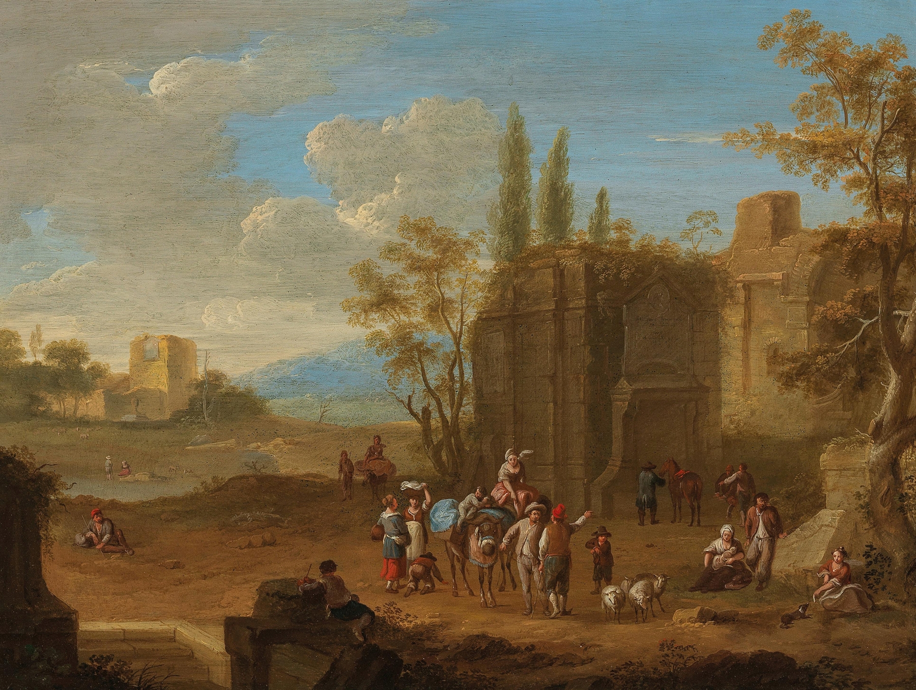 Landscape oil painting by Franz de Paula Ferg featuring travellers near Roman ruins.