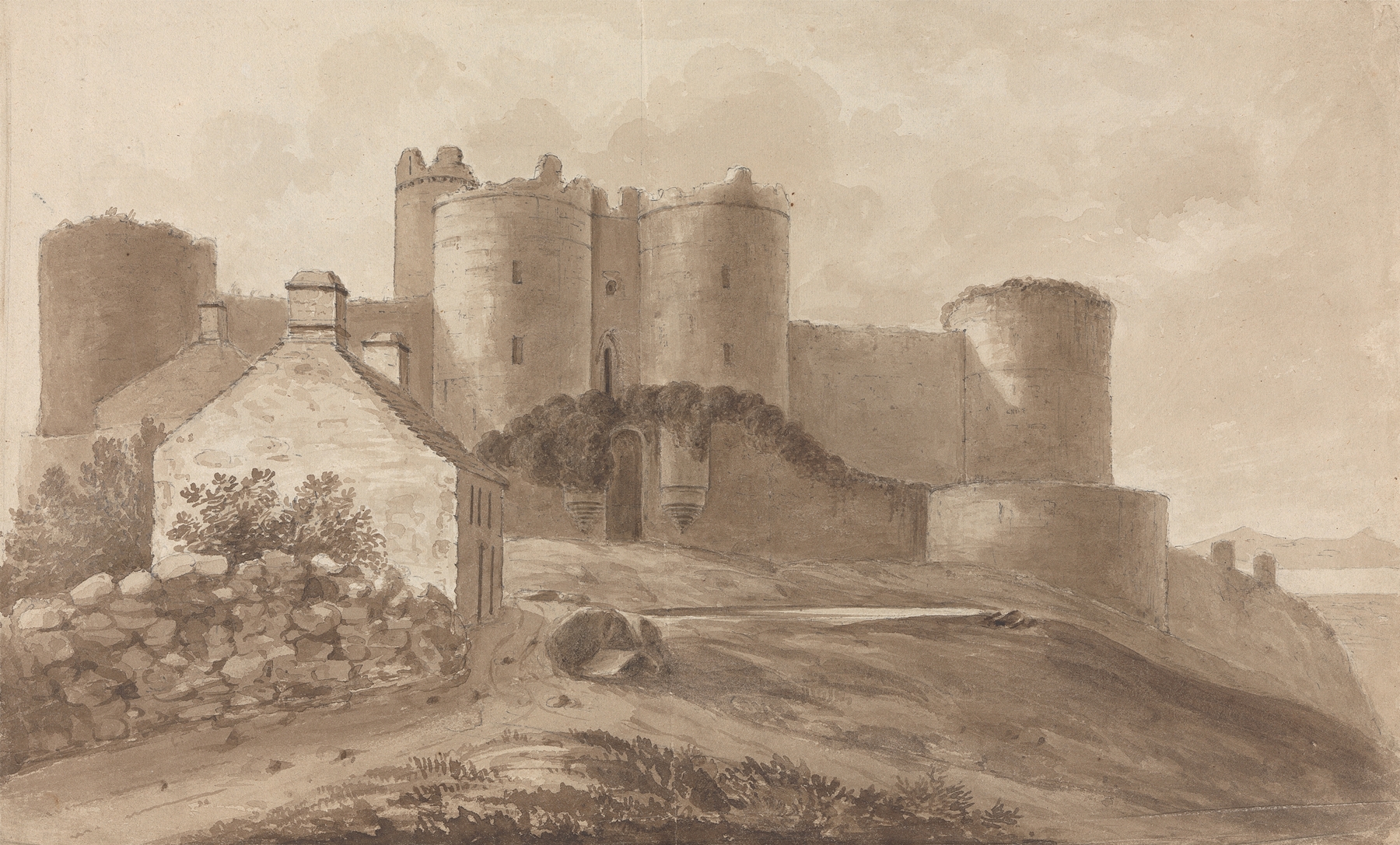 Harlech Castle watercolor by Isaac Weld, depicting a landscape with clouds and vibrant colors.