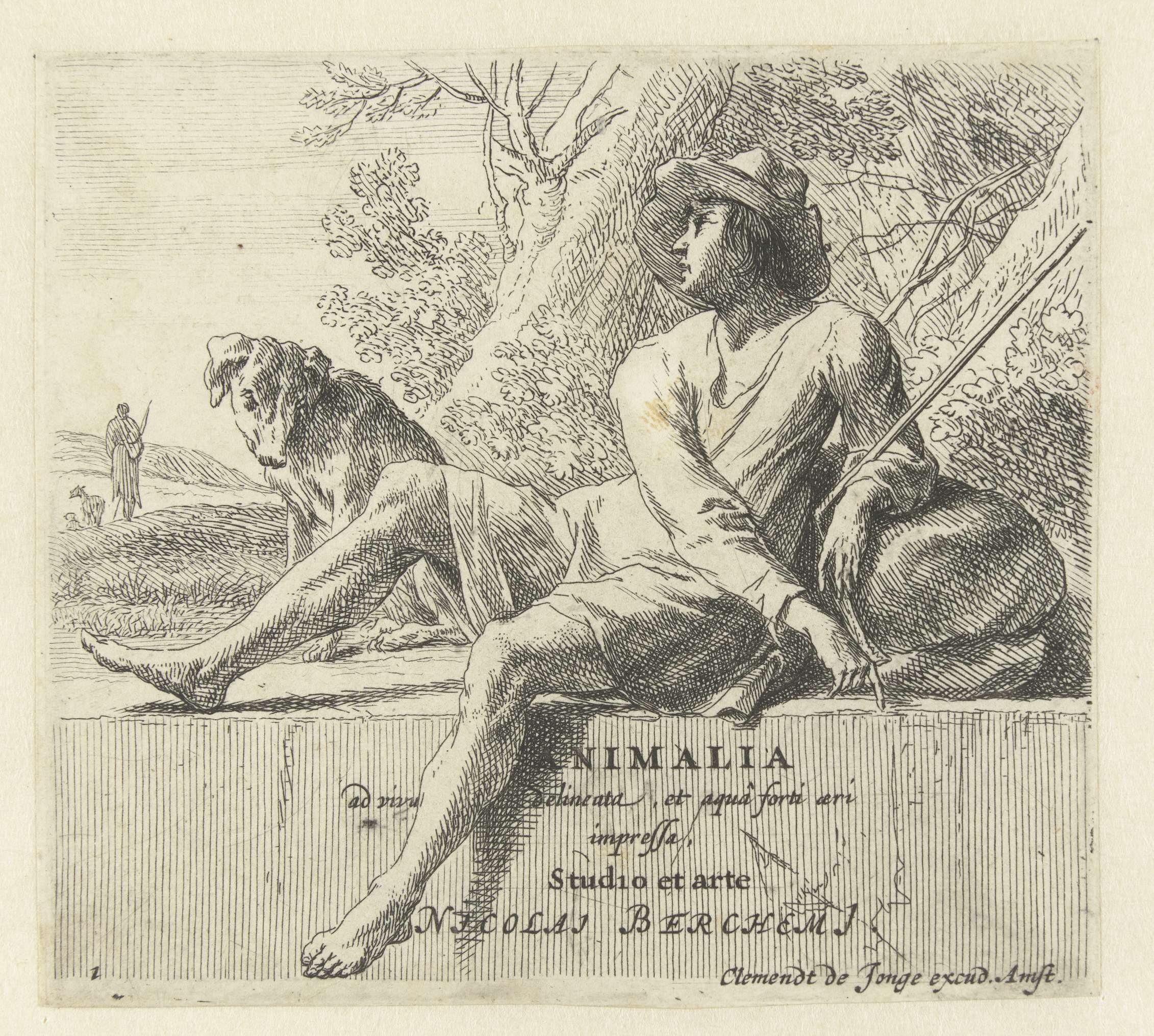 Zittende herder met hond, etching by Nicolaes Pietersz Berchem, depicting a shepherd and dog in a tranquil landscape.
