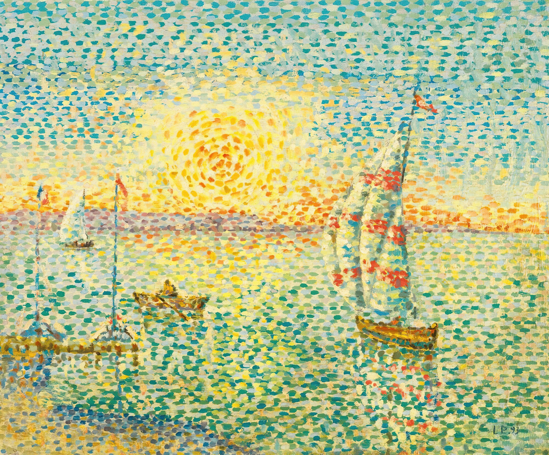 Soleil Couchant by Léon Pourtau, oil on canvas depicting a sunset over water
