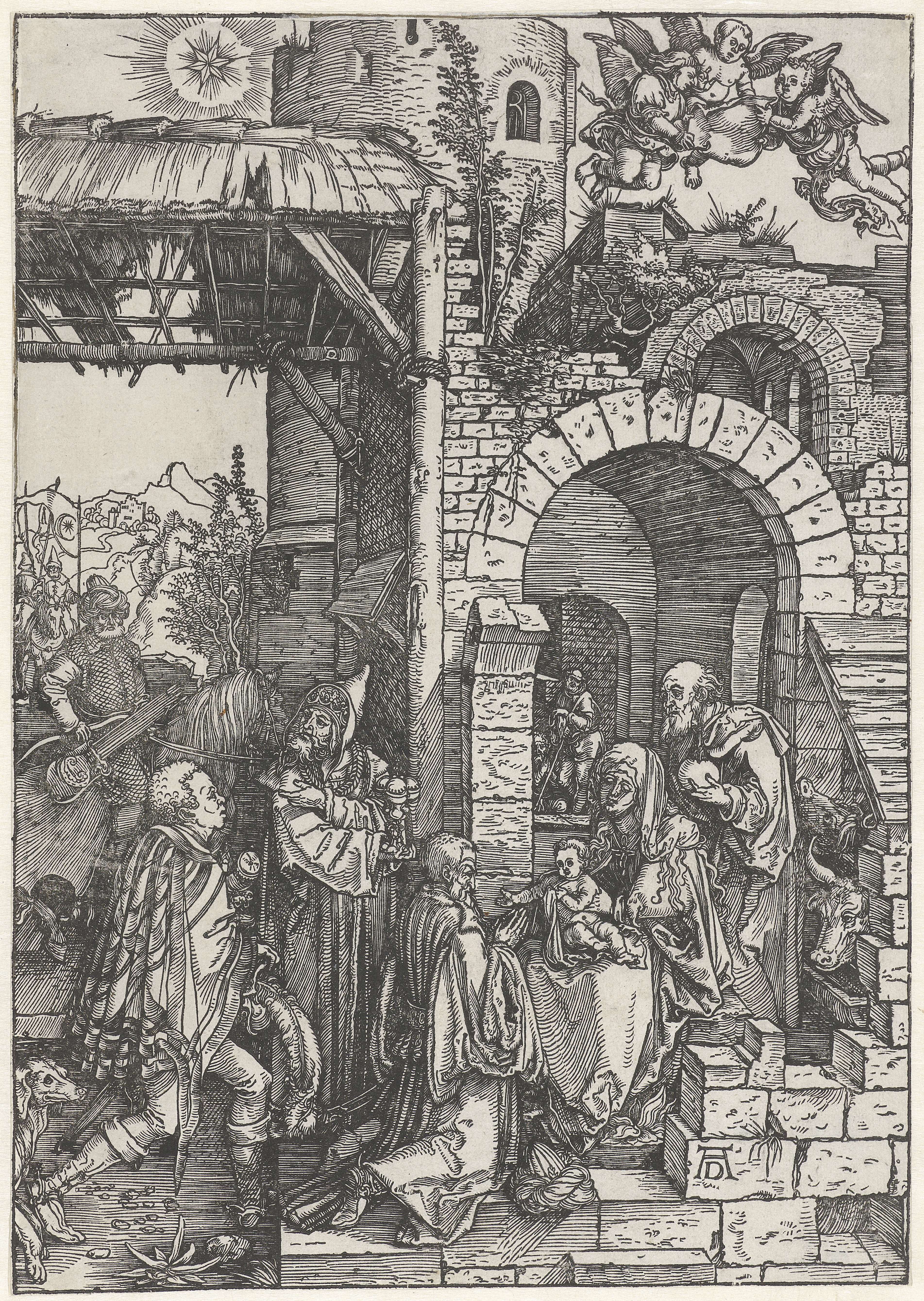Aanbidding door de koningen by Albrecht Dürer, paper artwork depicting three kings presenting gifts