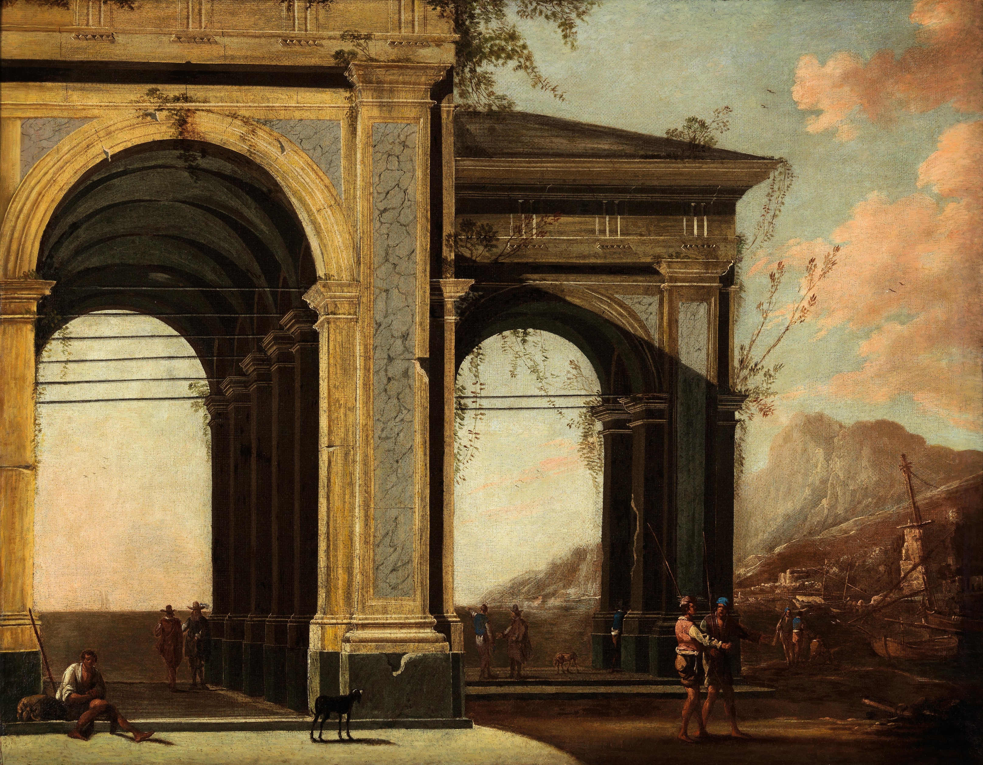 Portico with loggia by the sea, boats and figures, oil on canvas by Ascanio Luciani