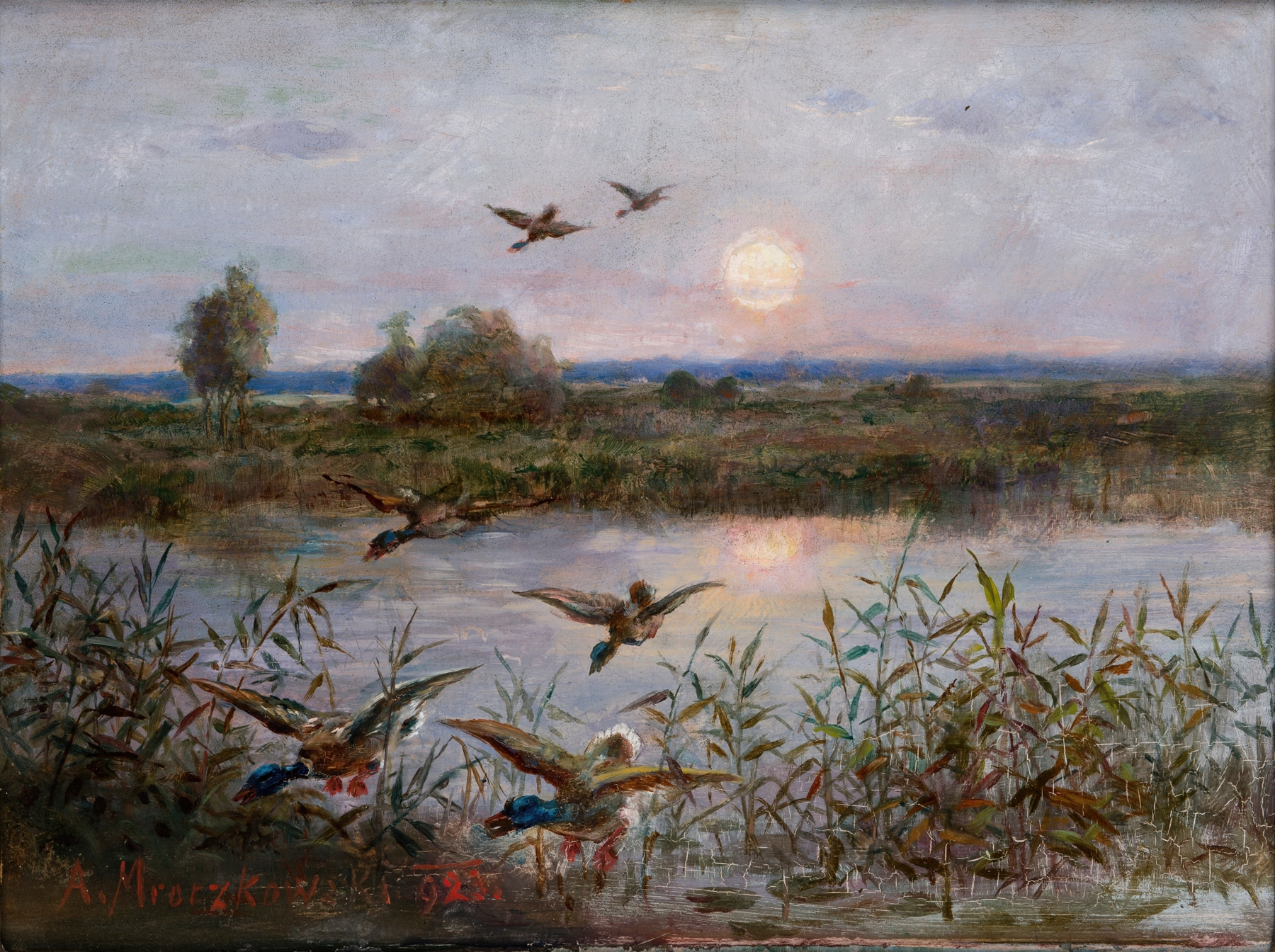 Ducks take flight over a marsh in an impressionist painting by Aleksander Mroczkowski