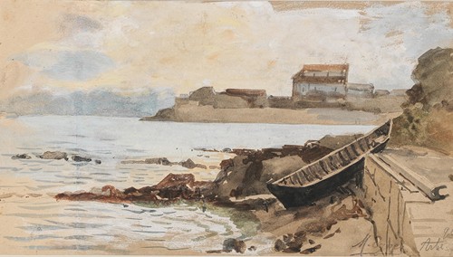This painting titled 'Arbe' by Marie Egner depicts a serene landscape.