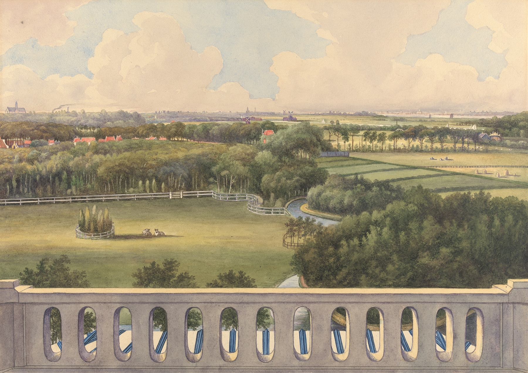 Landscape view from turret towards Haarlem and Zaandam, oil on canvas by Gerrit Jan Schouten