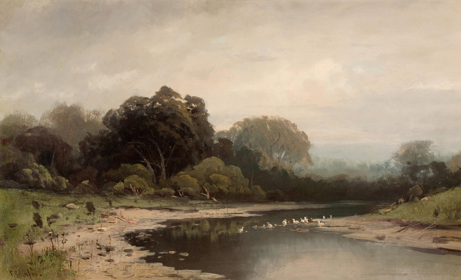 On Merced River Cala by Frederick Ferdinand Schafer, oil painting depicting a river landscape.