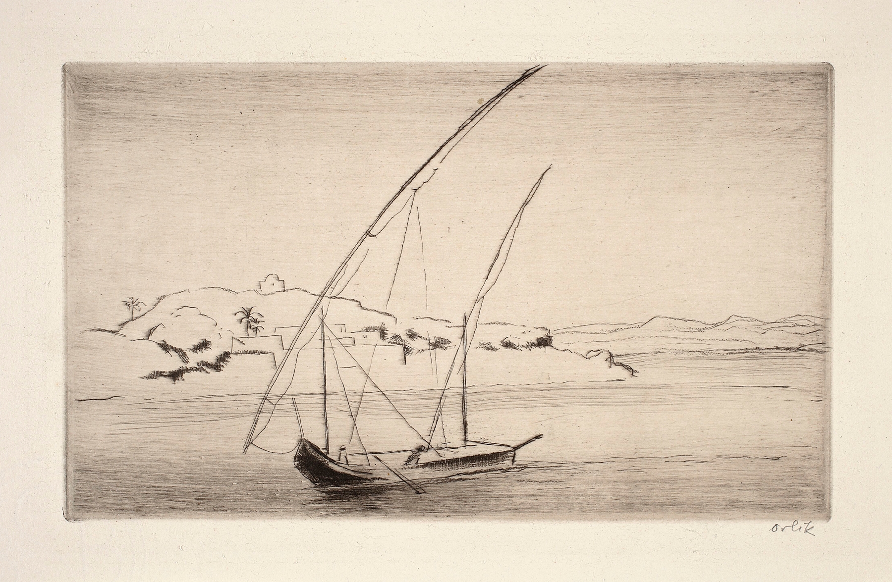 Color lithograph 'Am Nil' by Emil Orlik depicting a tranquil river with vibrant colors.