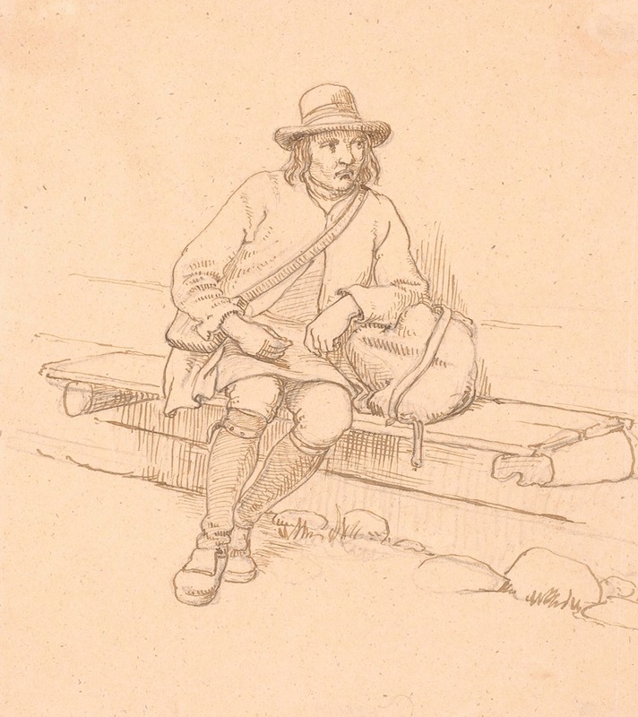 A seated Swedish wanderer depicted in a realistic style.