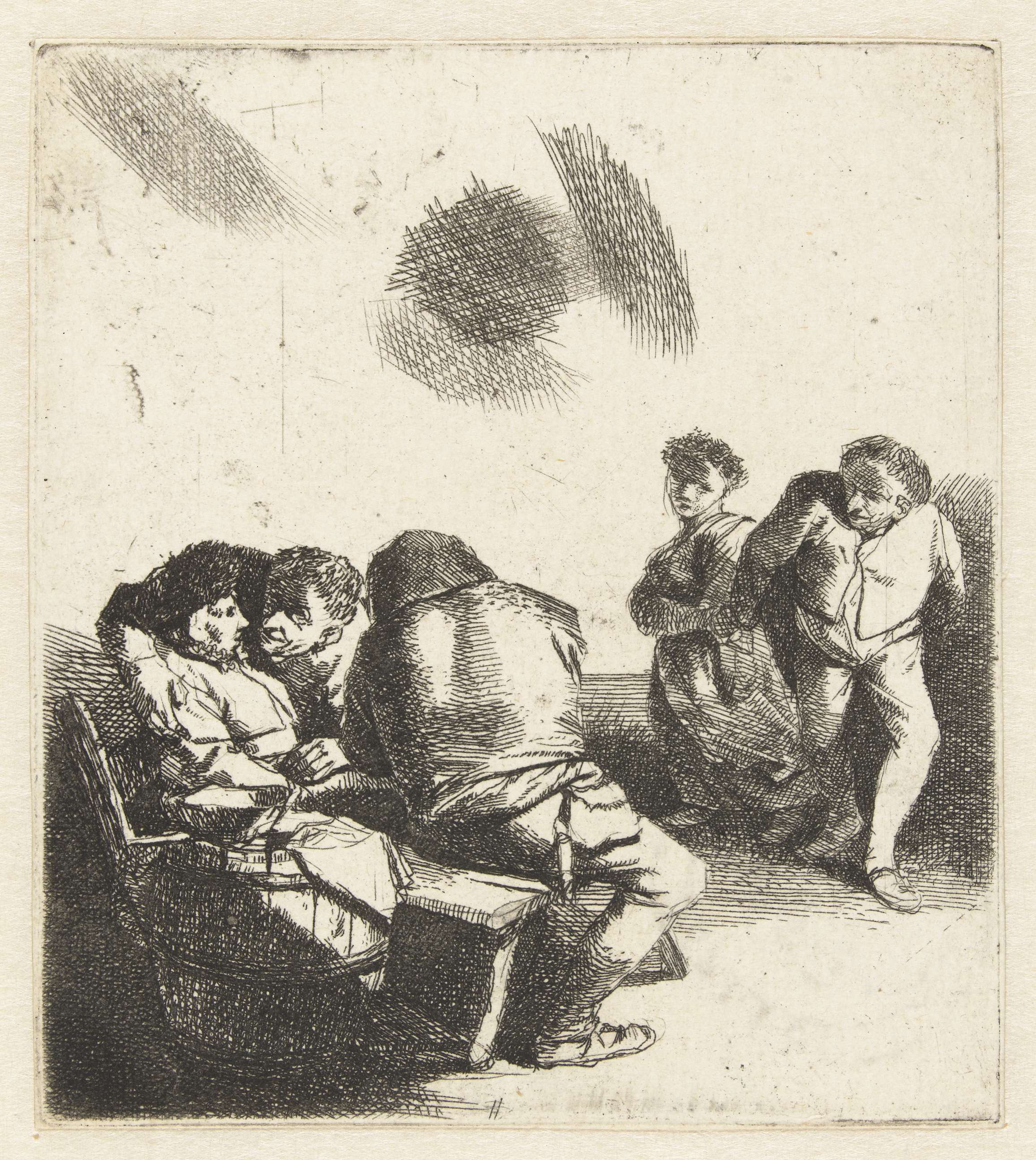 Dansende man en vrouw en twee zittende mannen en vrouw, by Cornelis Pietersz. Bega, public domain