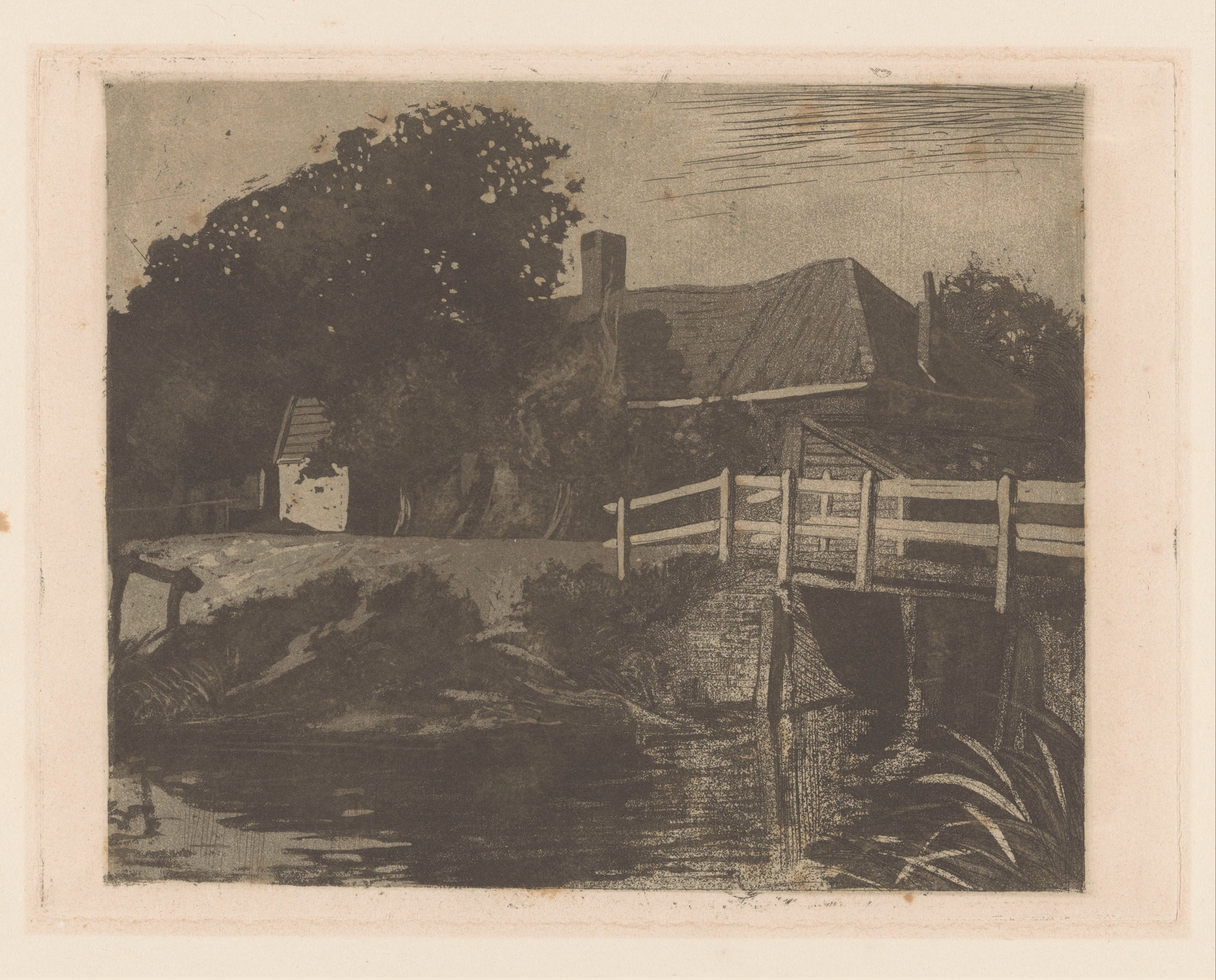 Landscape with farmhouse, bridge, and stream by Johannes Josephus Aarts, oil painting