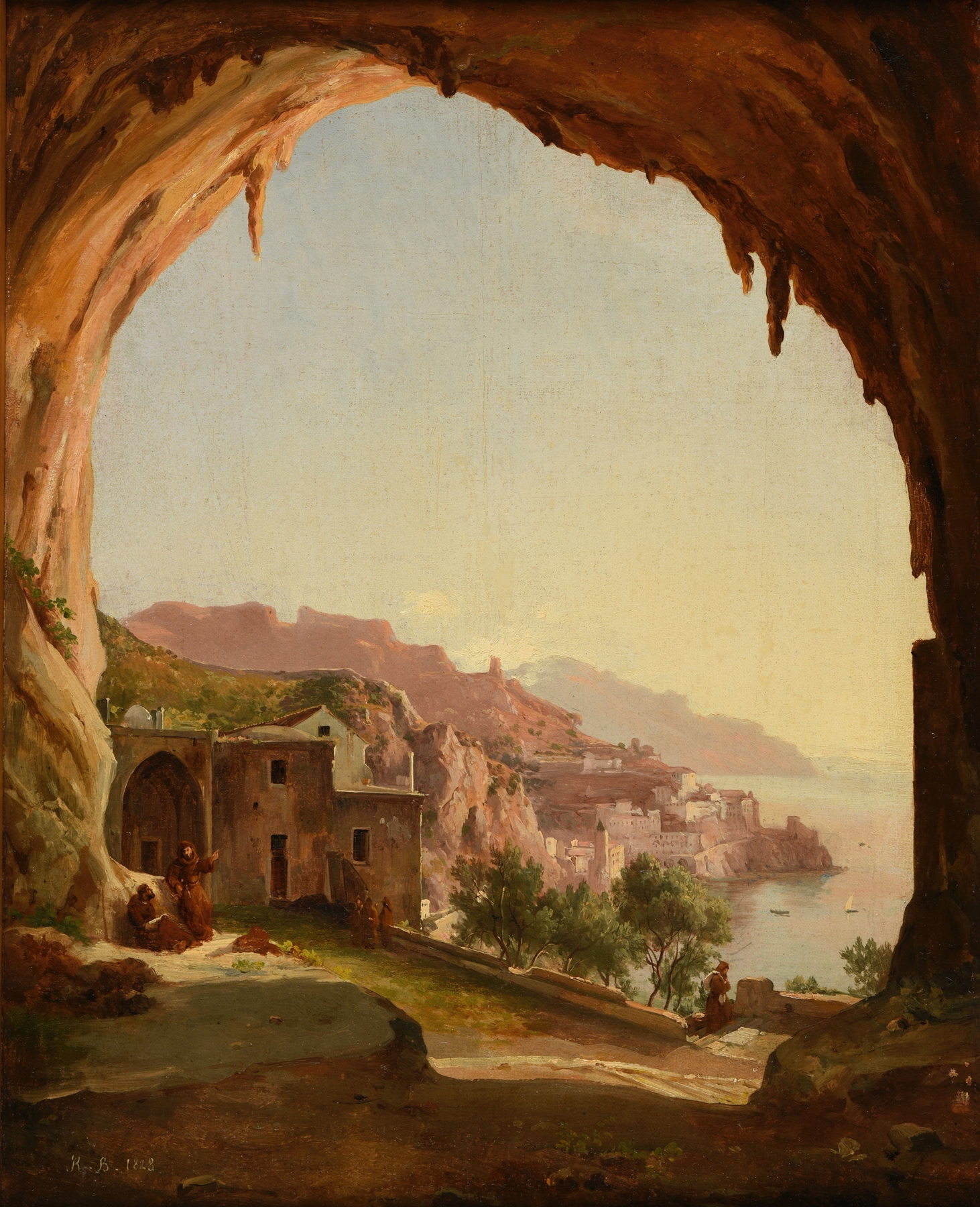 Le Monastère by Jacques-Raymond Brascassat, oil on canvas depicting a monastery with sunlight and a pastel sky.