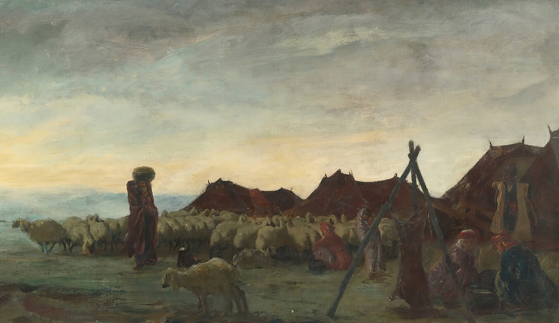 Nomads In The Region Of Meshed by Alexandre Jacovleff, depicting nomads in a desert landscape, oil painting.