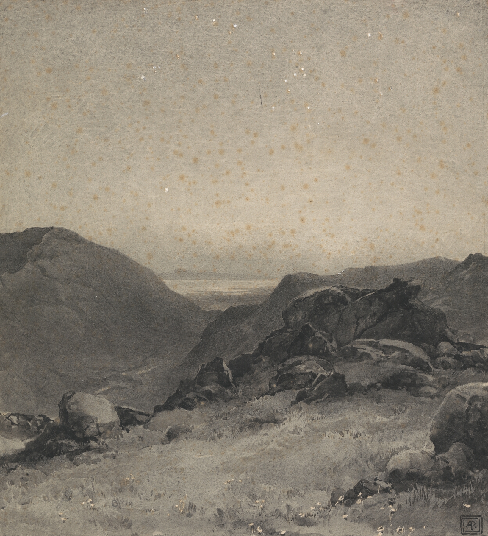 Rocky Landscape by Alfred Parsons, oil painting depicting rugged terrain and a distant horizon.