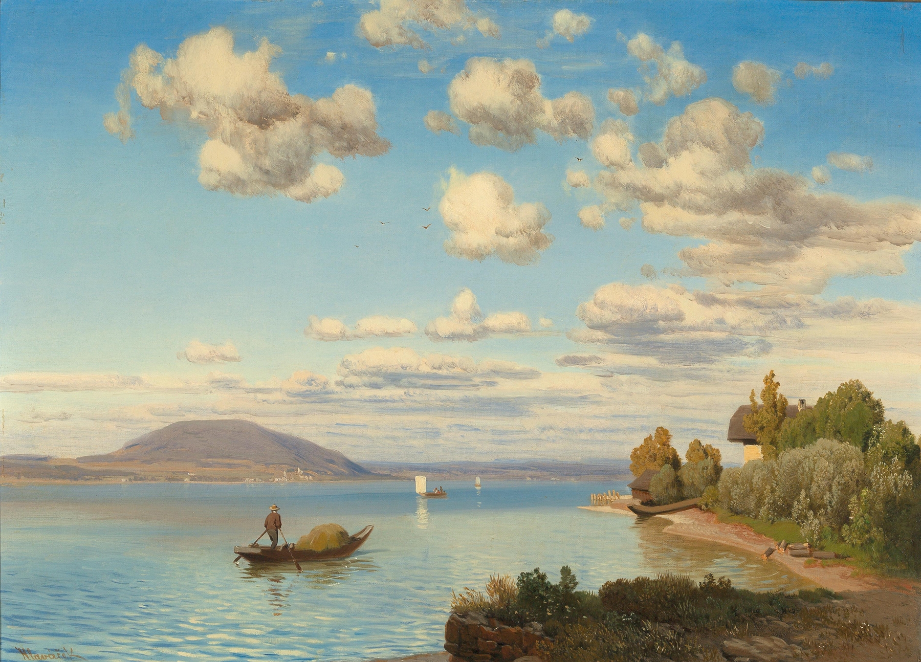 A Scene on Lake Attersee, by Anton Hlavacek, public domain