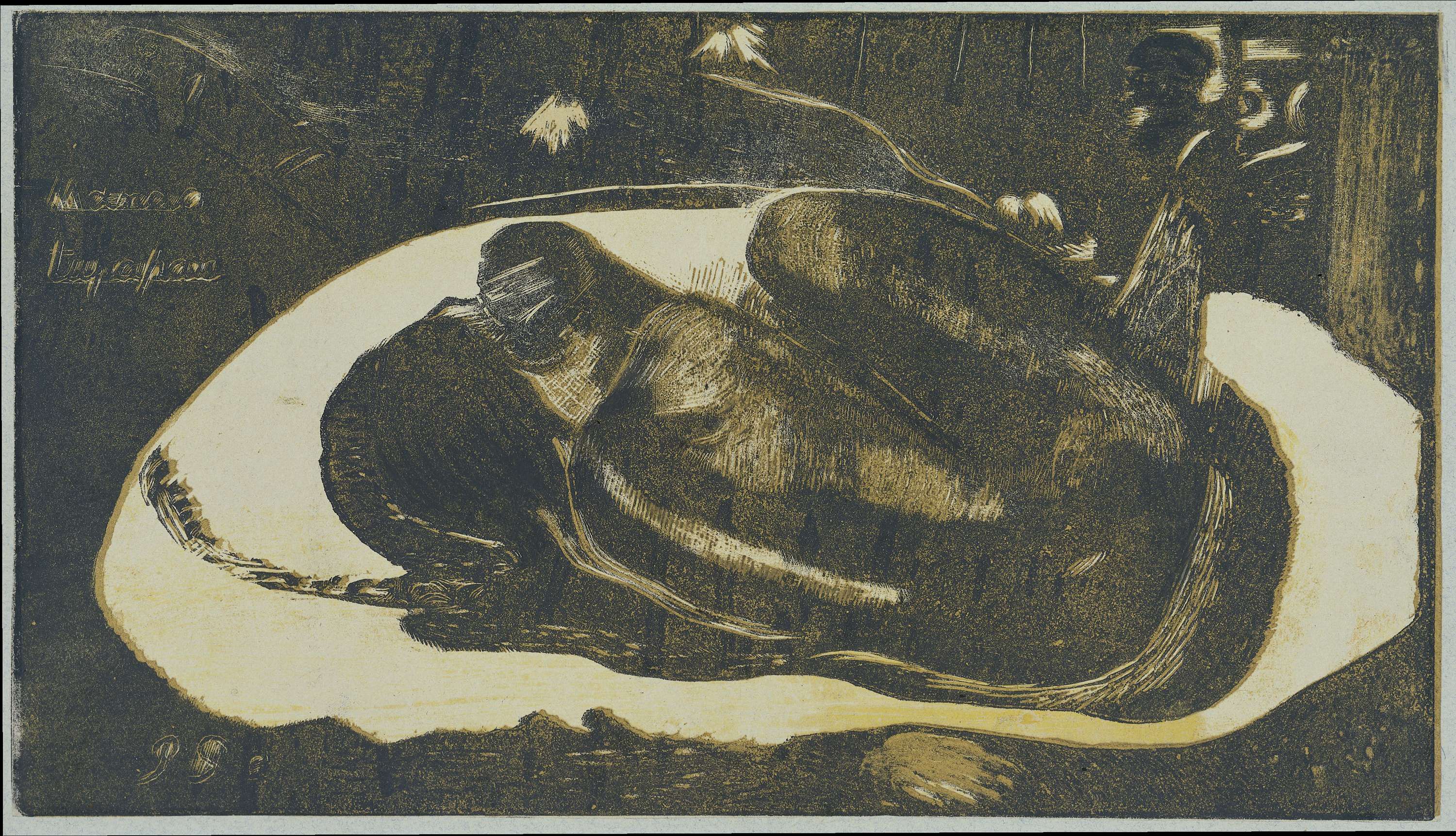 Liggend meisje bang voor geesten van overledenen, by Paul Gauguin, public domain